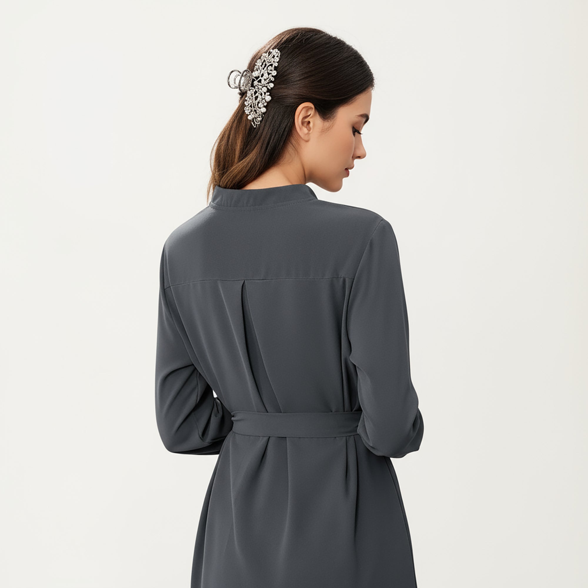 Anna-Kaci Women¡¯s Long Sleeve Button Front Dress with Soft Drape Tie Waist Detail and Smooth Structured Collarless Neckline Finish