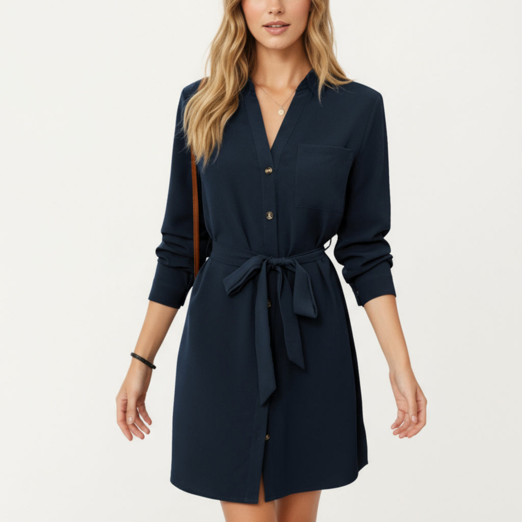 Anna-Kaci Women¡¯s Long Sleeve Button Front Dress with Soft Drape Tie Waist Detail and Smooth Structured Collarless Neckline Finish