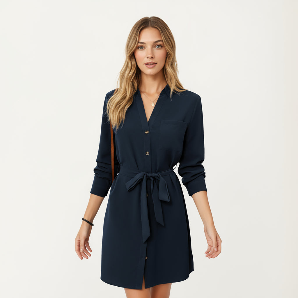 Anna-Kaci Women¡¯s Long Sleeve Button Front Dress with Soft Drape Tie Waist Detail and Smooth Structured Collarless Neckline Finish