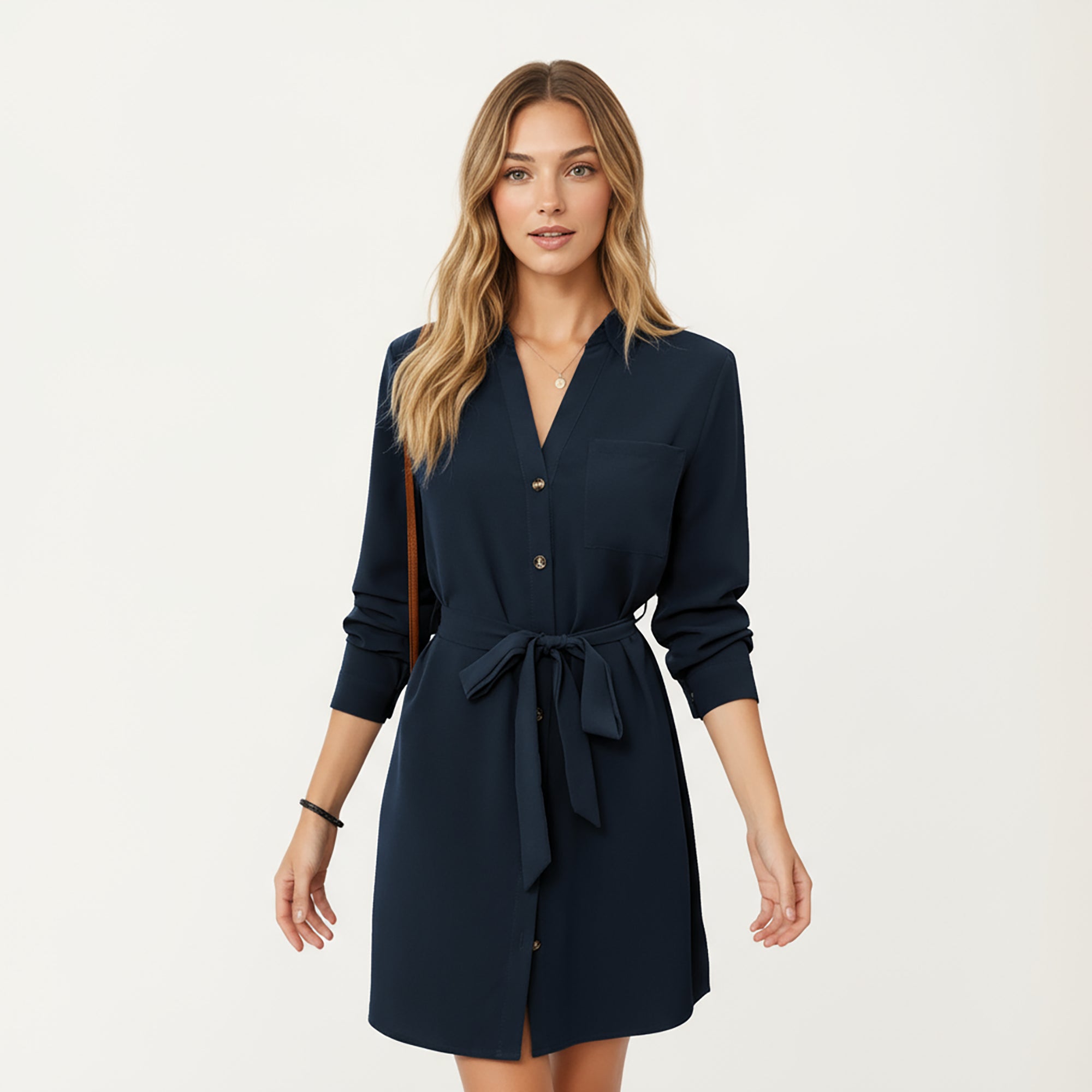 Anna-Kaci Women¡¯s Long Sleeve Button Front Dress with Soft Drape Tie Waist Detail and Smooth Structured Collarless Neckline Finish