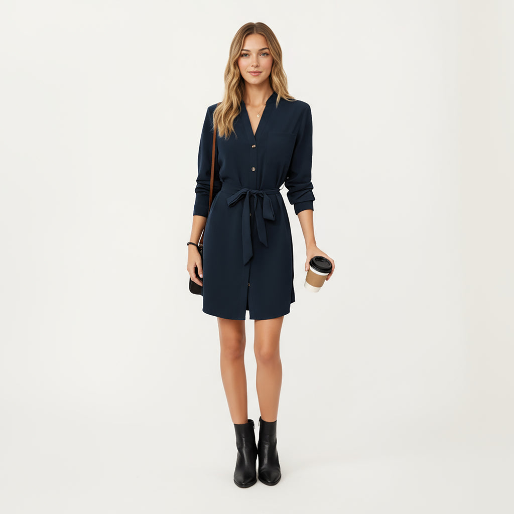 Anna-Kaci Women¡¯s Long Sleeve Button Front Dress with Soft Drape Tie Waist Detail and Smooth Structured Collarless Neckline Finish