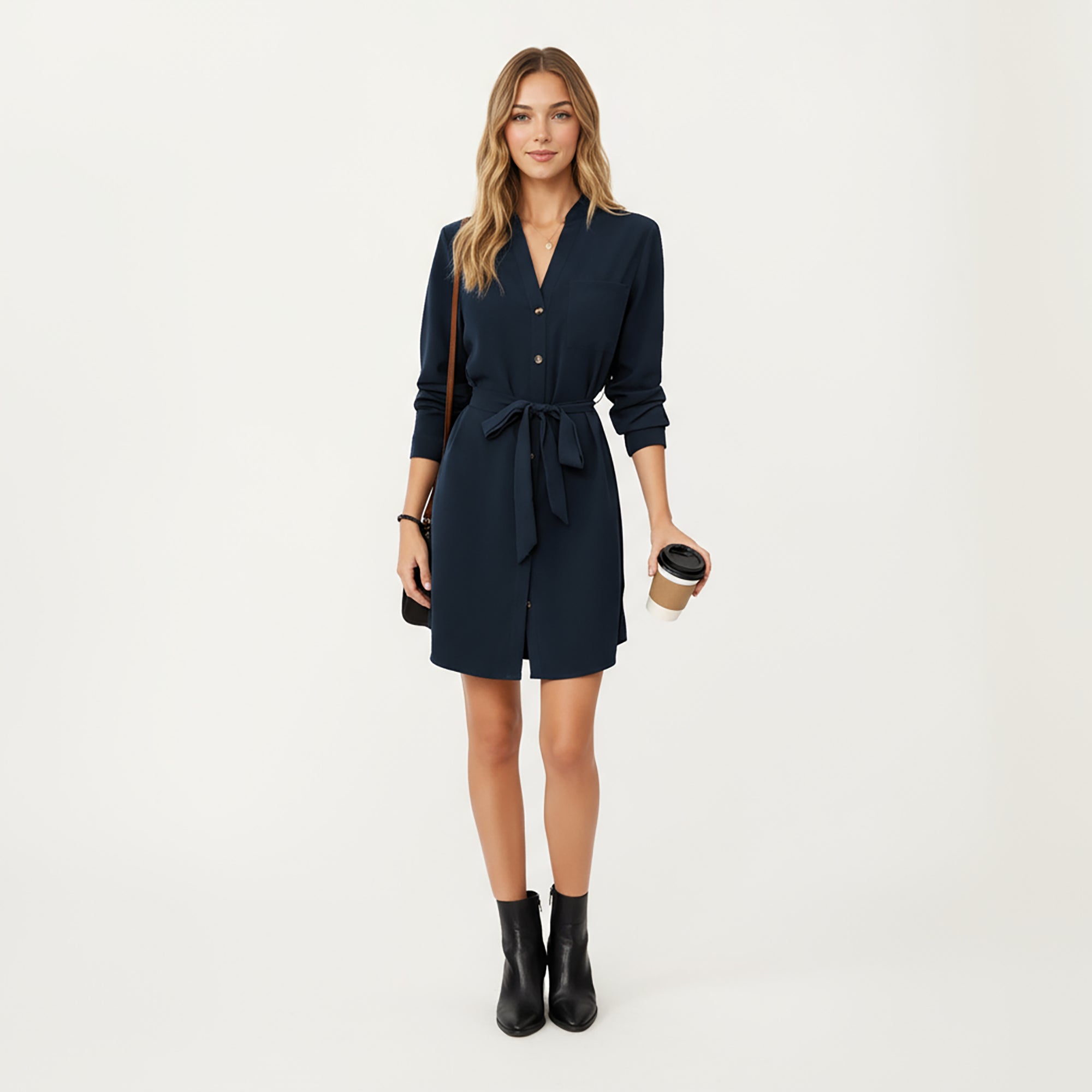 Anna-Kaci Women¡¯s Long Sleeve Button Front Dress with Soft Drape Tie Waist Detail and Smooth Structured Collarless Neckline Finish