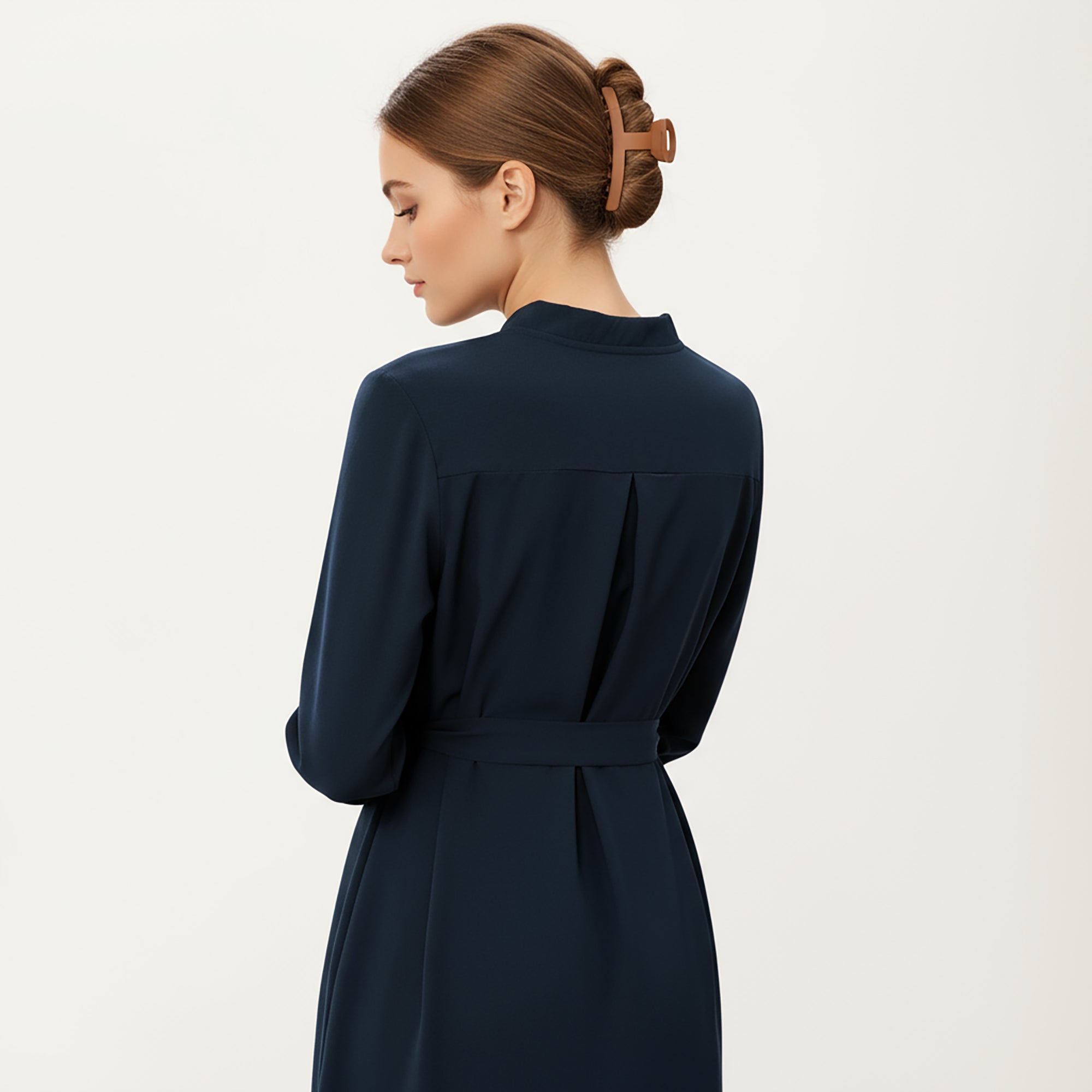 Anna-Kaci Women¡¯s Long Sleeve Button Front Dress with Soft Drape Tie Waist Detail and Smooth Structured Collarless Neckline Finish
