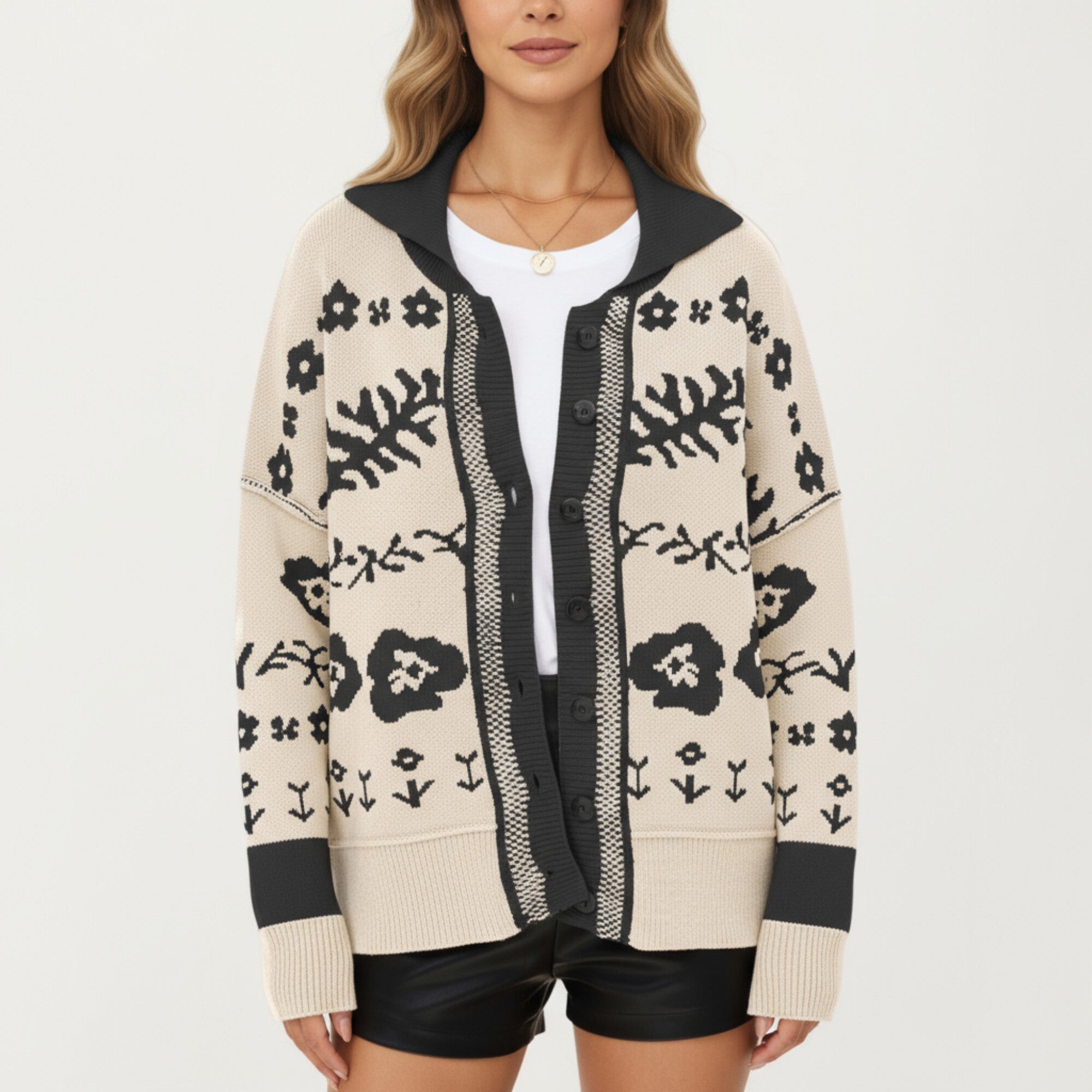Anna-Kaci Women¡¯s Floral Jacquard Button Front Cardigan Top with Soft Knit Texture, Relaxed Drop Shoulder Fit and Ribbed Trim Detailing