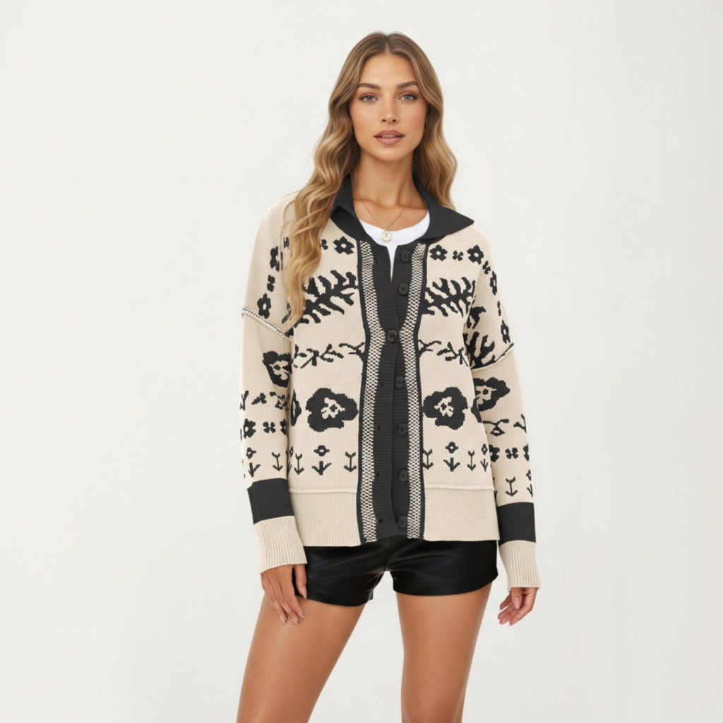 Anna-Kaci Women¡¯s Floral Jacquard Button Front Cardigan Top with Soft Knit Texture, Relaxed Drop Shoulder Fit and Ribbed Trim Detailing