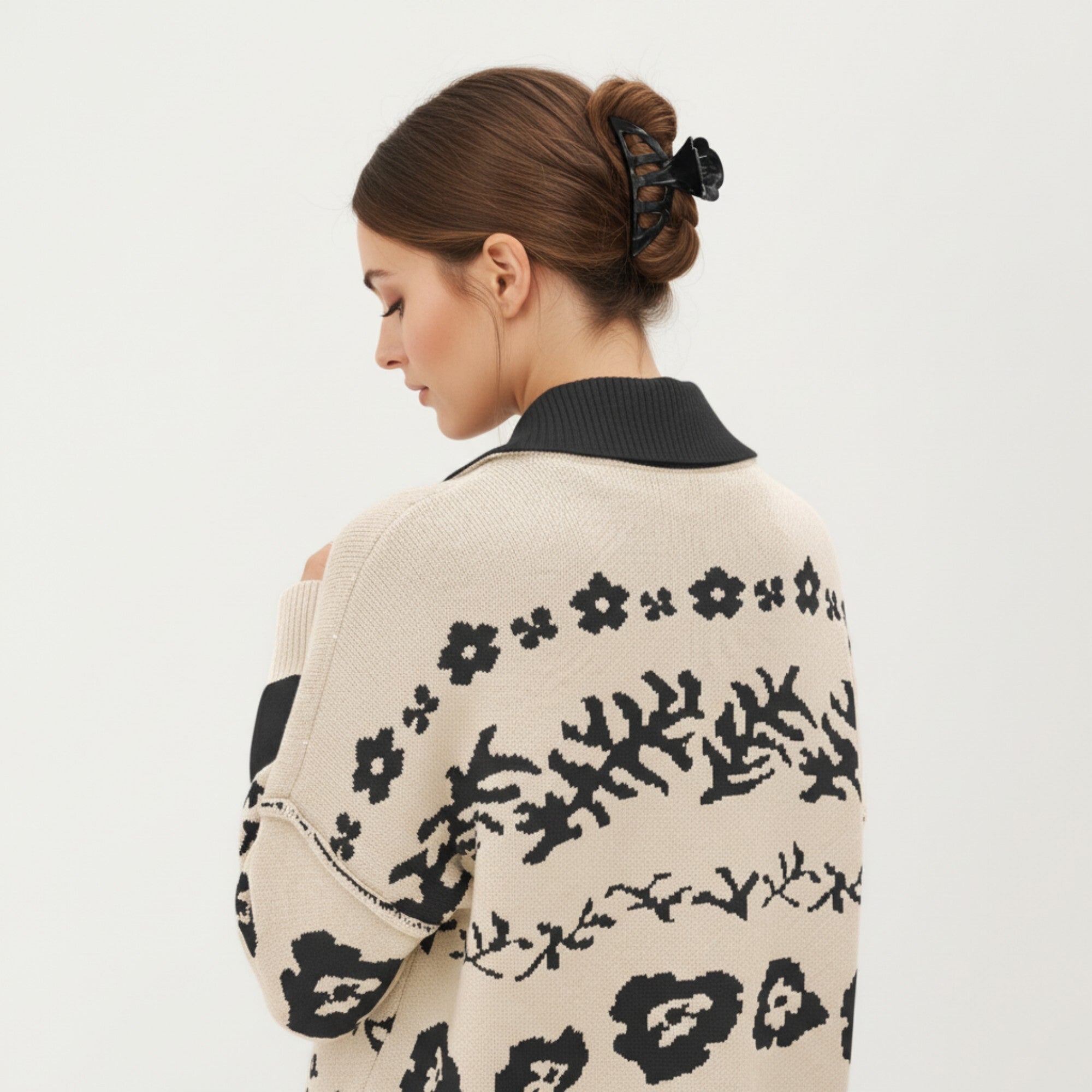 Anna-Kaci Women¡¯s Floral Jacquard Button Front Cardigan Top with Soft Knit Texture, Relaxed Drop Shoulder Fit and Ribbed Trim Detailing