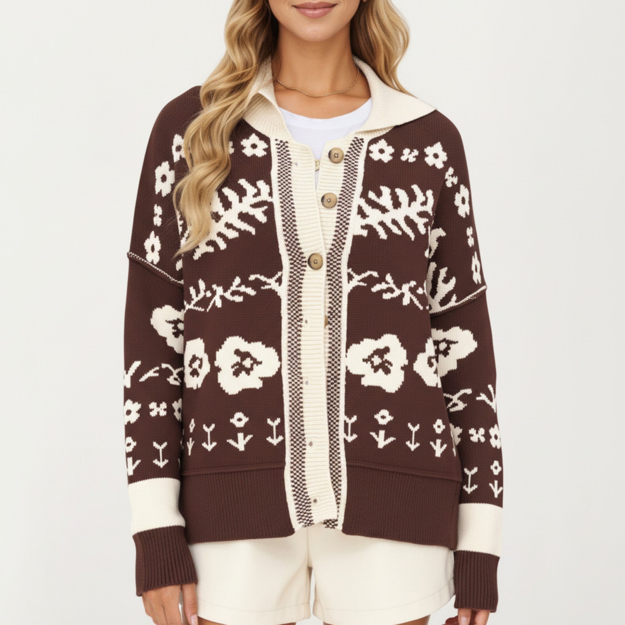 Anna-Kaci Women¡¯s Floral Jacquard Button Front Cardigan Top with Soft Knit Texture, Relaxed Drop Shoulder Fit and Ribbed Trim Detailing