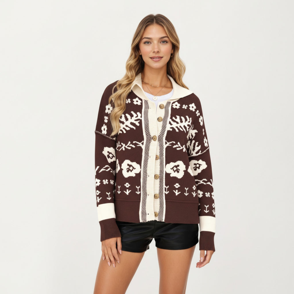 Anna-Kaci Women¡¯s Floral Jacquard Button Front Cardigan Top with Soft Knit Texture, Relaxed Drop Shoulder Fit and Ribbed Trim Detailing