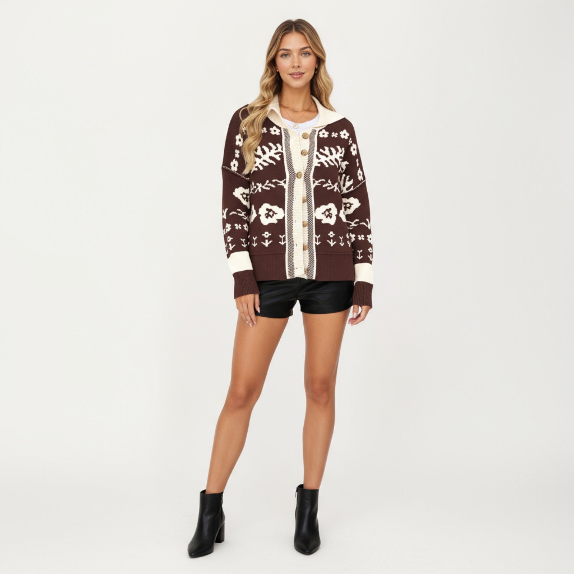 Anna-Kaci Women¡¯s Floral Jacquard Button Front Cardigan Top with Soft Knit Texture, Relaxed Drop Shoulder Fit and Ribbed Trim Detailing