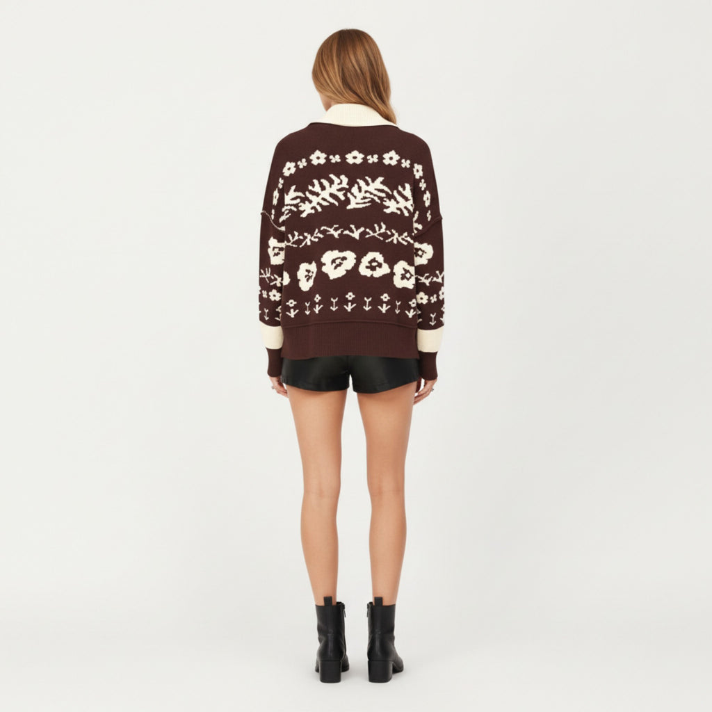 Anna-Kaci Women¡¯s Floral Jacquard Button Front Cardigan Top with Soft Knit Texture, Relaxed Drop Shoulder Fit and Ribbed Trim Detailing