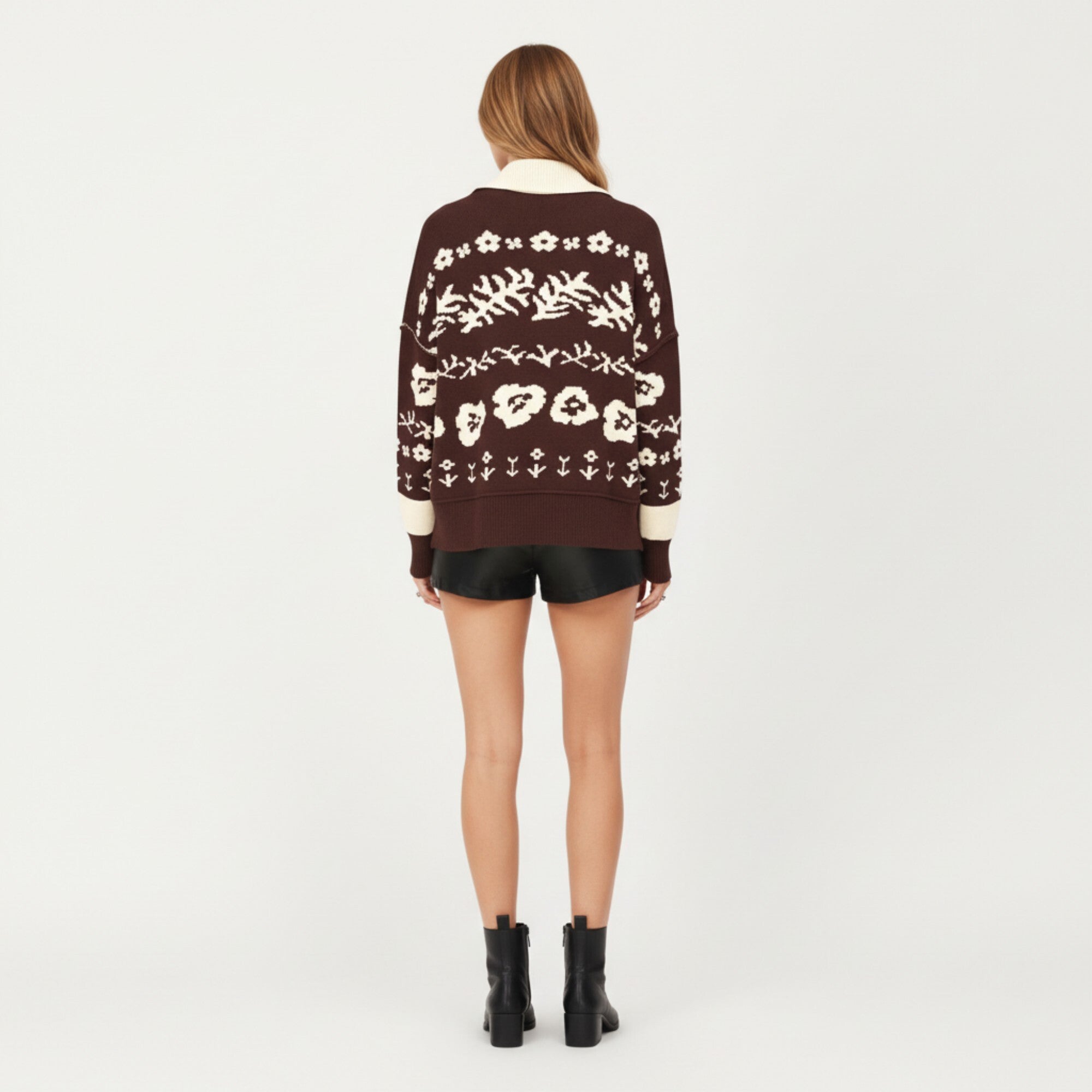 Anna-Kaci Women¡¯s Floral Jacquard Button Front Cardigan Top with Soft Knit Texture, Relaxed Drop Shoulder Fit and Ribbed Trim Detailing