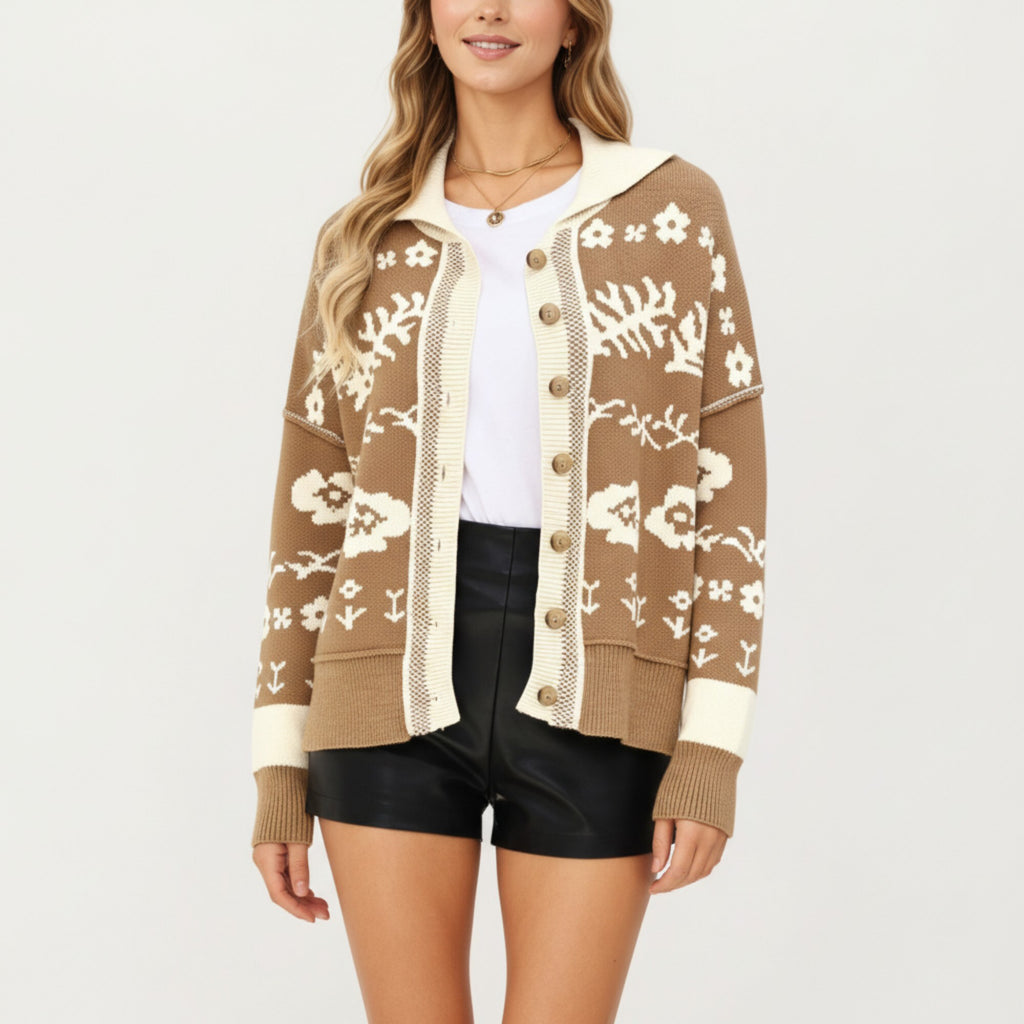 Anna-Kaci Women¡¯s Floral Jacquard Button Front Cardigan Top with Soft Knit Texture, Relaxed Drop Shoulder Fit and Ribbed Trim Detailing