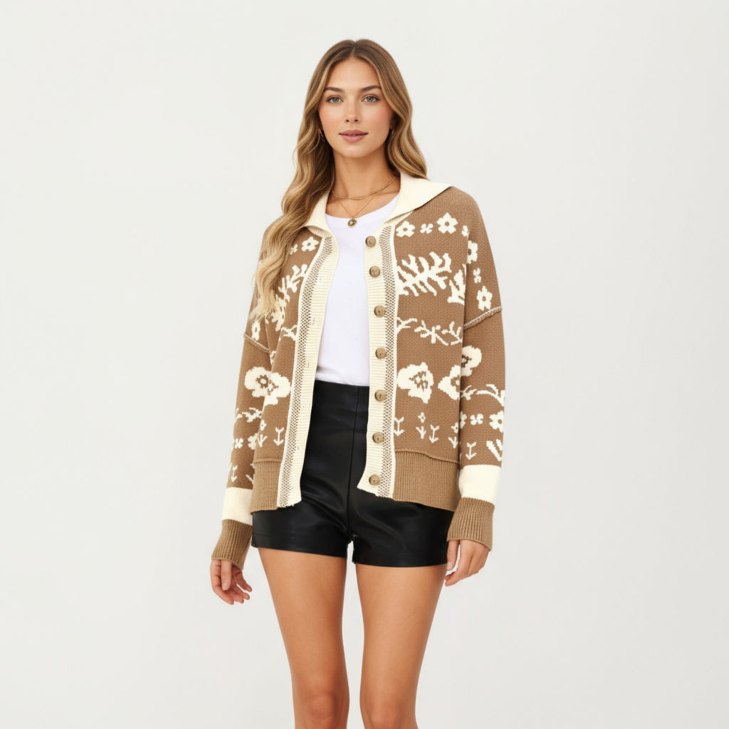 Anna-Kaci Women¡¯s Floral Jacquard Button Front Cardigan Top with Soft Knit Texture, Relaxed Drop Shoulder Fit and Ribbed Trim Detailing