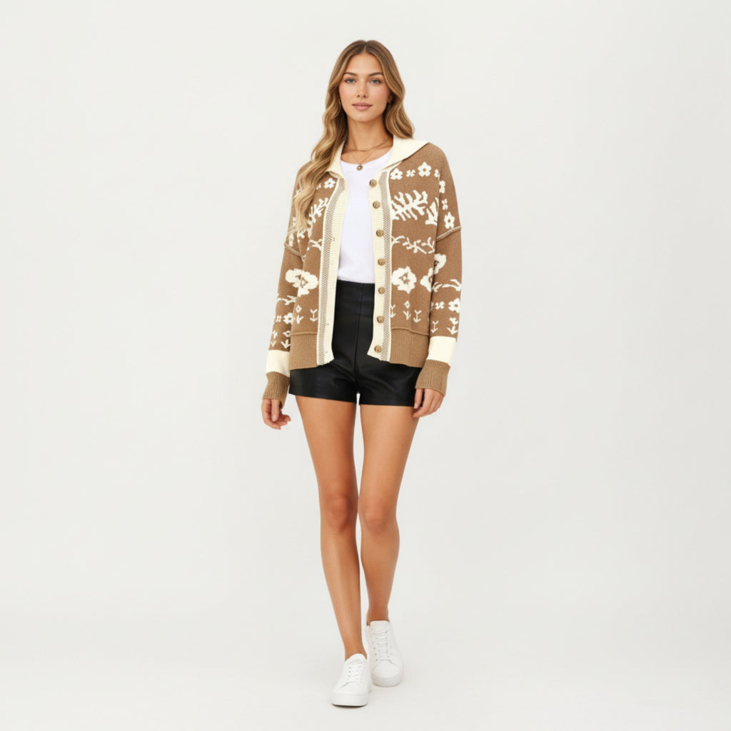 Anna-Kaci Women¡¯s Floral Jacquard Button Front Cardigan Top with Soft Knit Texture, Relaxed Drop Shoulder Fit and Ribbed Trim Detailing