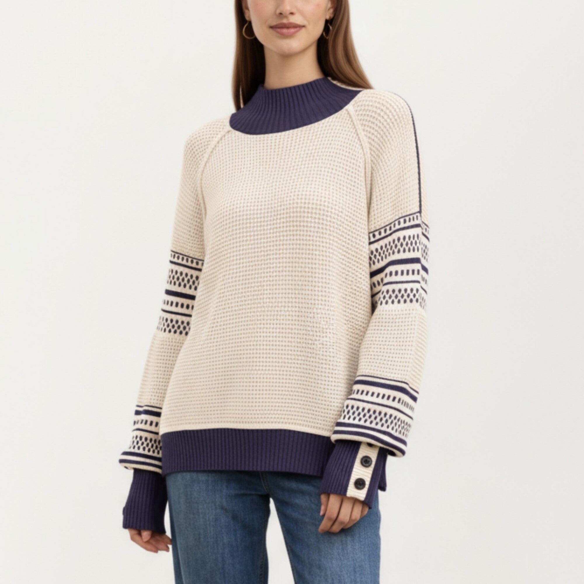 Anna-Kaci Women¡¯s Patterned Knit Pullover Top with Textured Waffle Stitch Body, Contrast Ribbed Mock Neck, and Decorative Sleeve Detailing