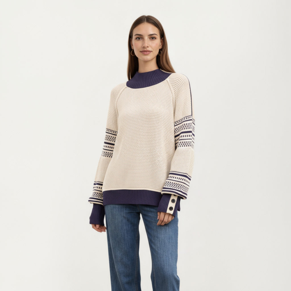 Anna-Kaci Women¡¯s Patterned Knit Pullover Top with Textured Waffle Stitch Body, Contrast Ribbed Mock Neck, and Decorative Sleeve Detailing