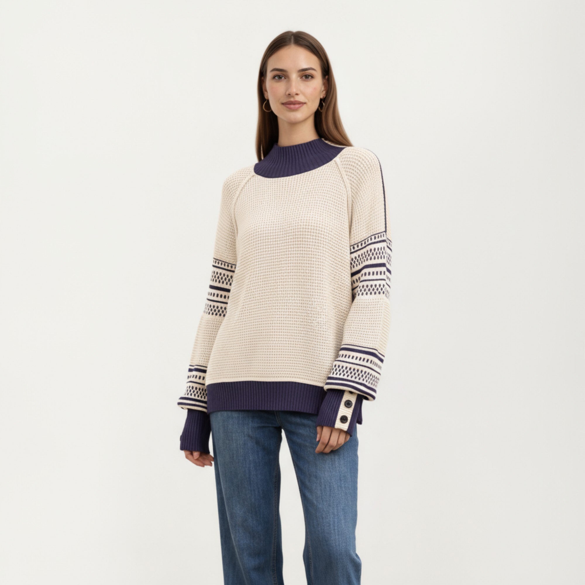 Anna-Kaci Women¡¯s Patterned Knit Pullover Top with Textured Waffle Stitch Body, Contrast Ribbed Mock Neck, and Decorative Sleeve Detailing