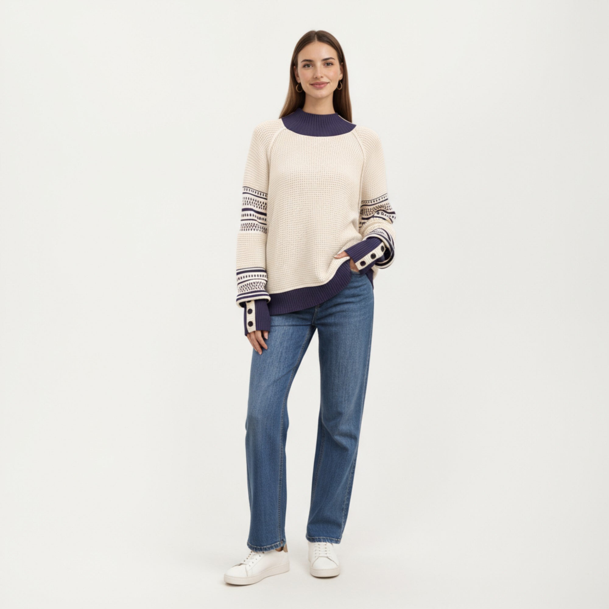 Anna-Kaci Women¡¯s Patterned Knit Pullover Top with Textured Waffle Stitch Body, Contrast Ribbed Mock Neck, and Decorative Sleeve Detailing