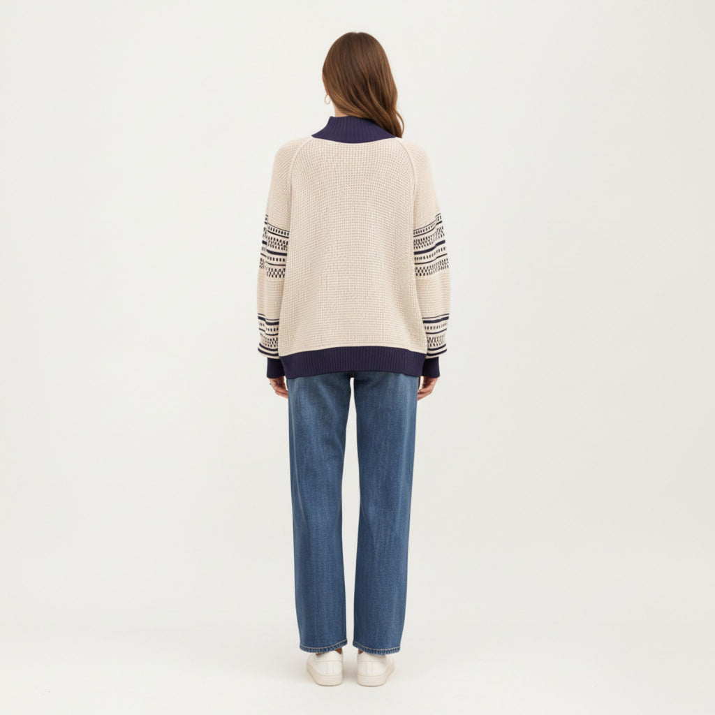 Anna-Kaci Women¡¯s Patterned Knit Pullover Top with Textured Waffle Stitch Body, Contrast Ribbed Mock Neck, and Decorative Sleeve Detailing