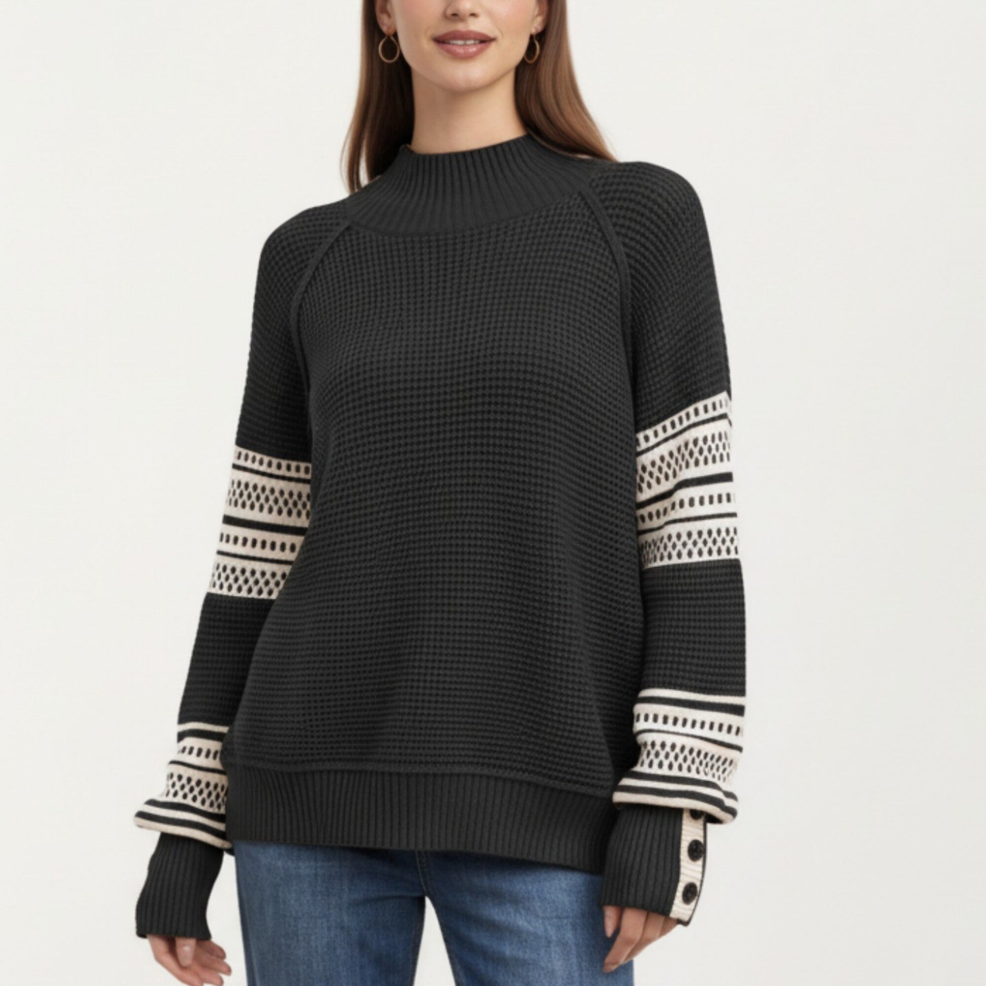 Anna-Kaci Women¡¯s Patterned Knit Pullover Top with Textured Waffle Stitch Body, Contrast Ribbed Mock Neck, and Decorative Sleeve Detailing