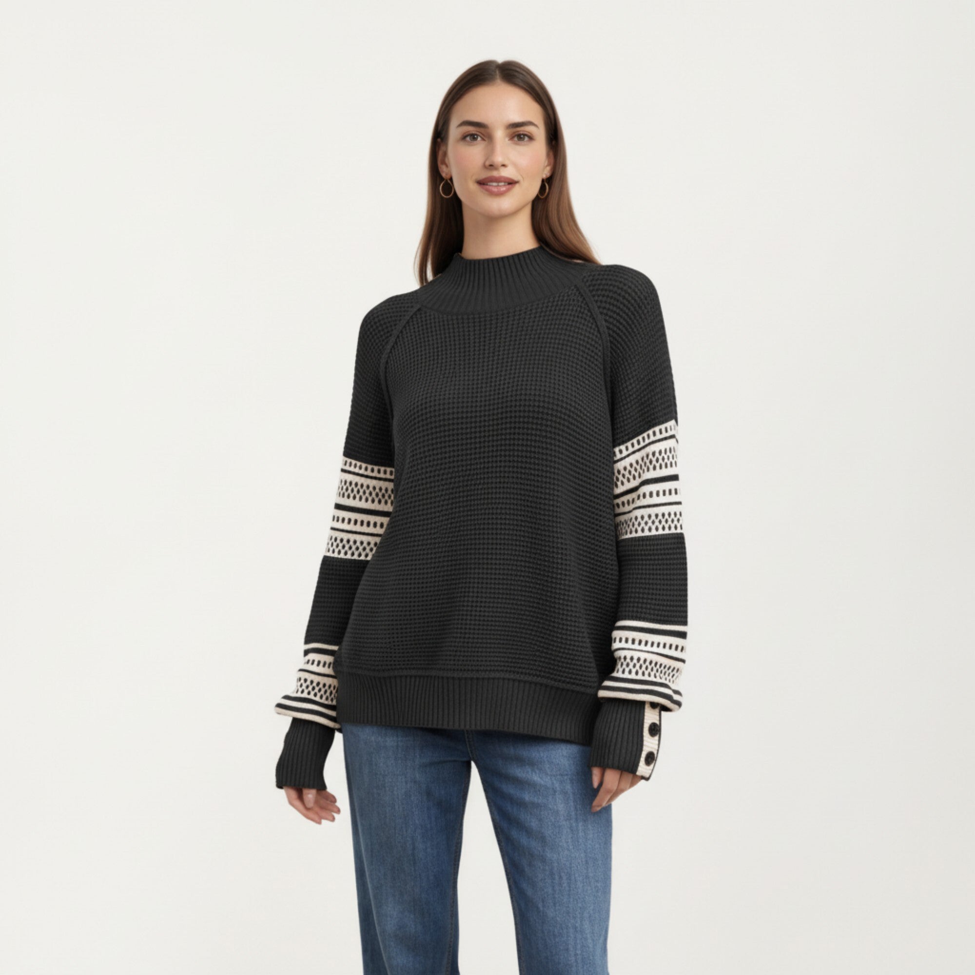 Anna-Kaci Women¡¯s Patterned Knit Pullover Top with Textured Waffle Stitch Body, Contrast Ribbed Mock Neck, and Decorative Sleeve Detailing
