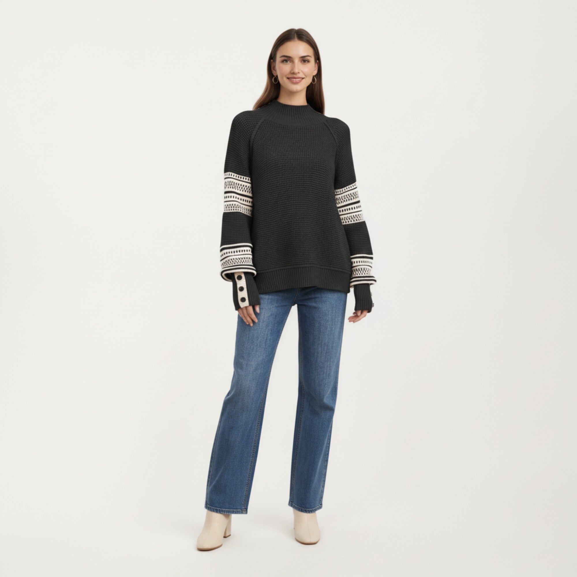 Anna-Kaci Women¡¯s Patterned Knit Pullover Top with Textured Waffle Stitch Body, Contrast Ribbed Mock Neck, and Decorative Sleeve Detailing