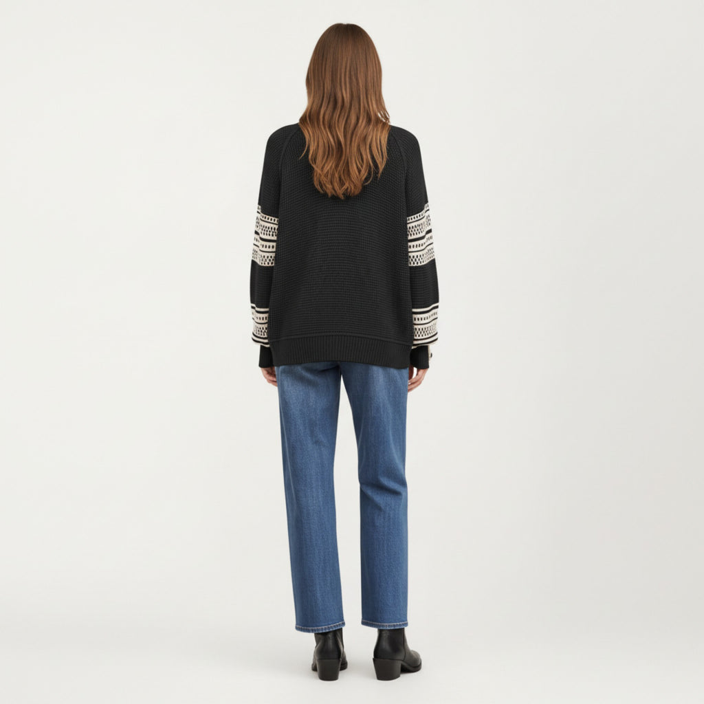 Anna-Kaci Women¡¯s Patterned Knit Pullover Top with Textured Waffle Stitch Body, Contrast Ribbed Mock Neck, and Decorative Sleeve Detailing
