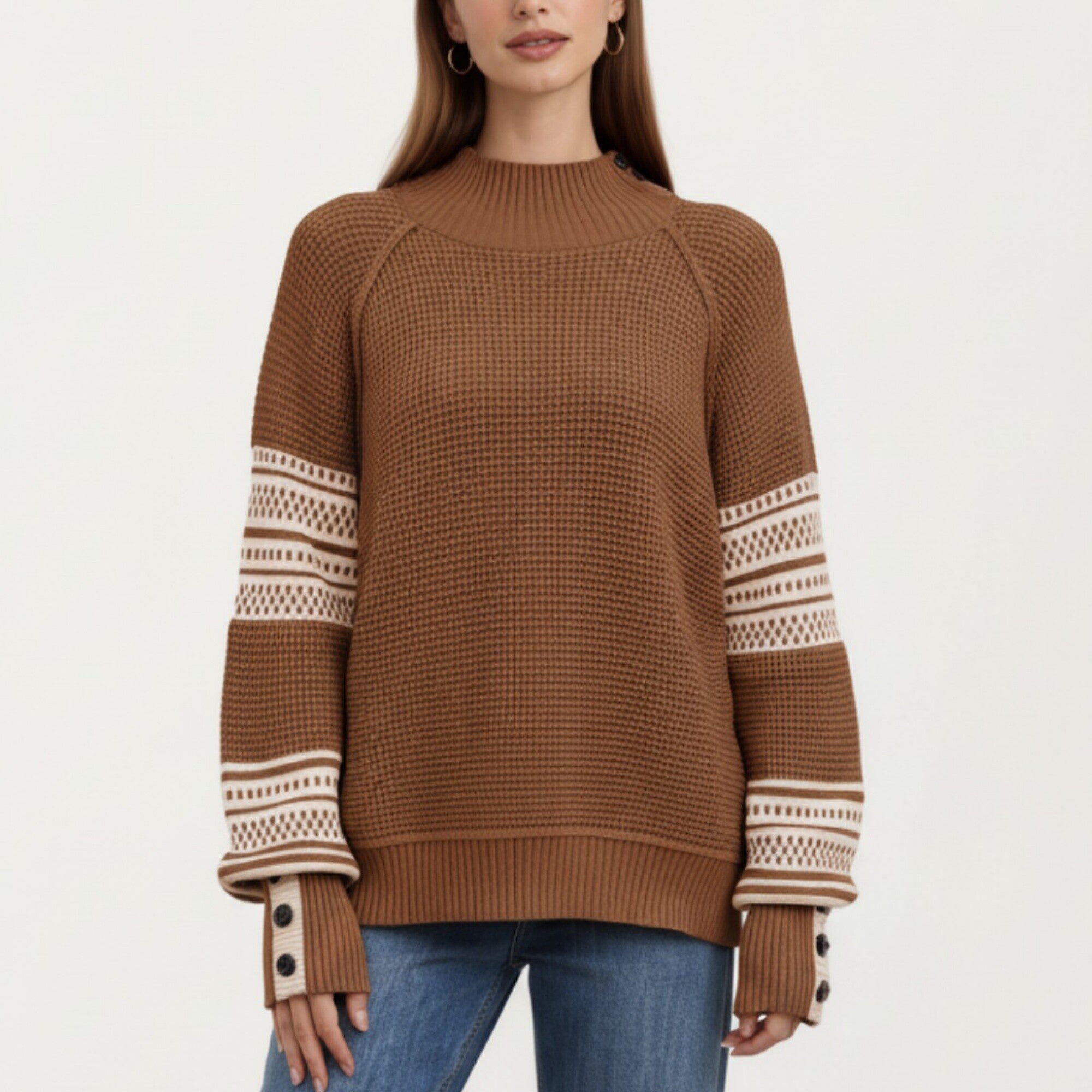 Anna-Kaci Women¡¯s Patterned Knit Pullover Top with Textured Waffle Stitch Body, Contrast Ribbed Mock Neck, and Decorative Sleeve Detailing