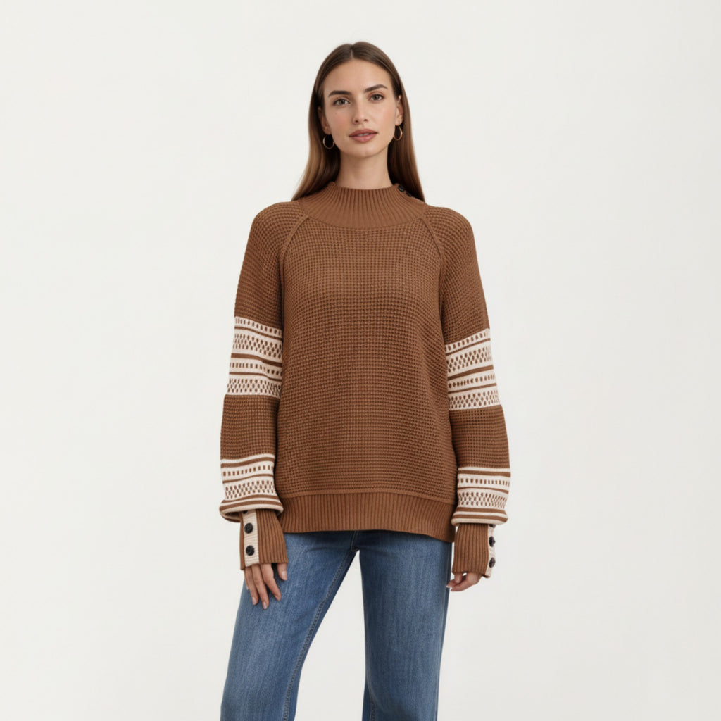 Anna-Kaci Women¡¯s Patterned Knit Pullover Top with Textured Waffle Stitch Body, Contrast Ribbed Mock Neck, and Decorative Sleeve Detailing