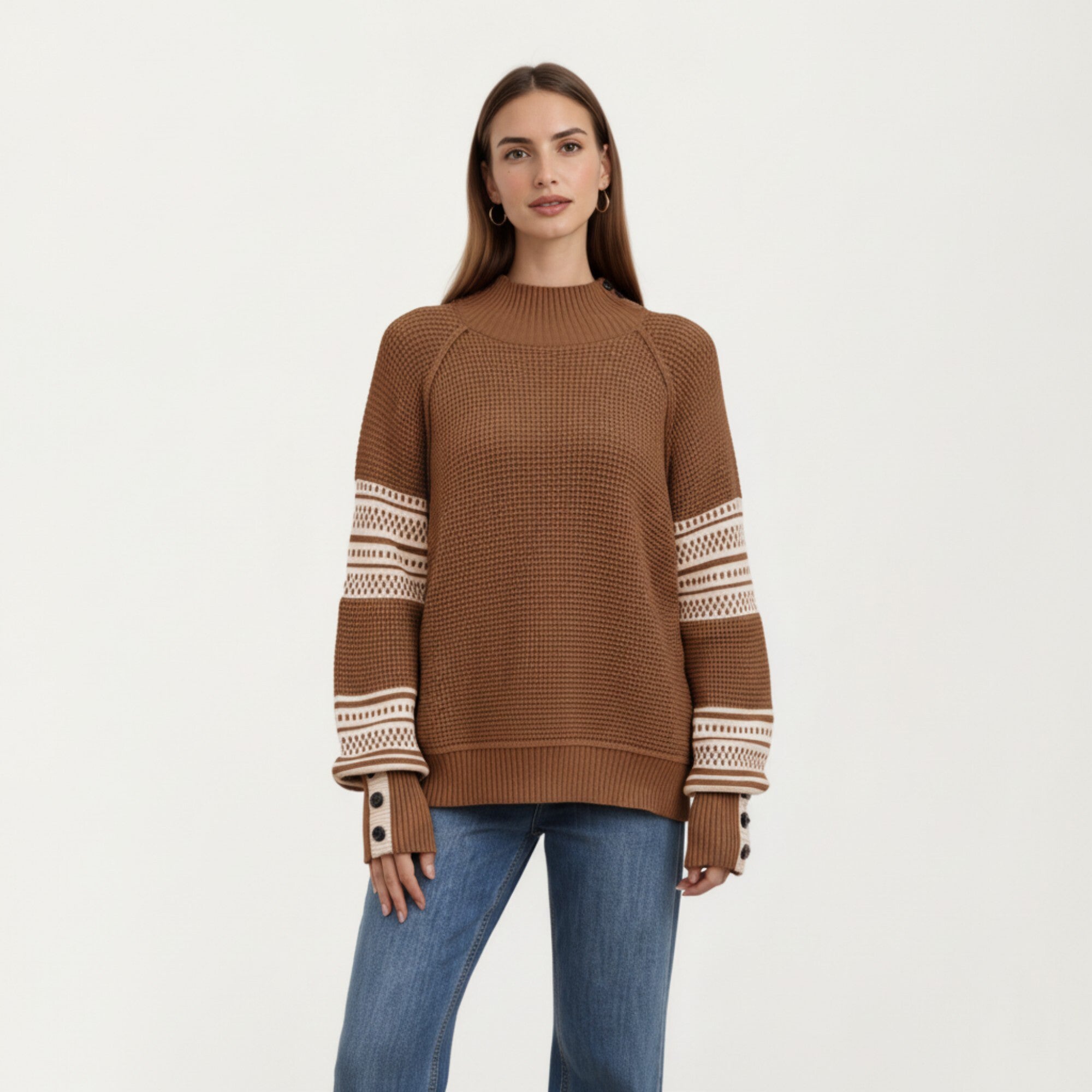 Anna-Kaci Women¡¯s Patterned Knit Pullover Top with Textured Waffle Stitch Body, Contrast Ribbed Mock Neck, and Decorative Sleeve Detailing