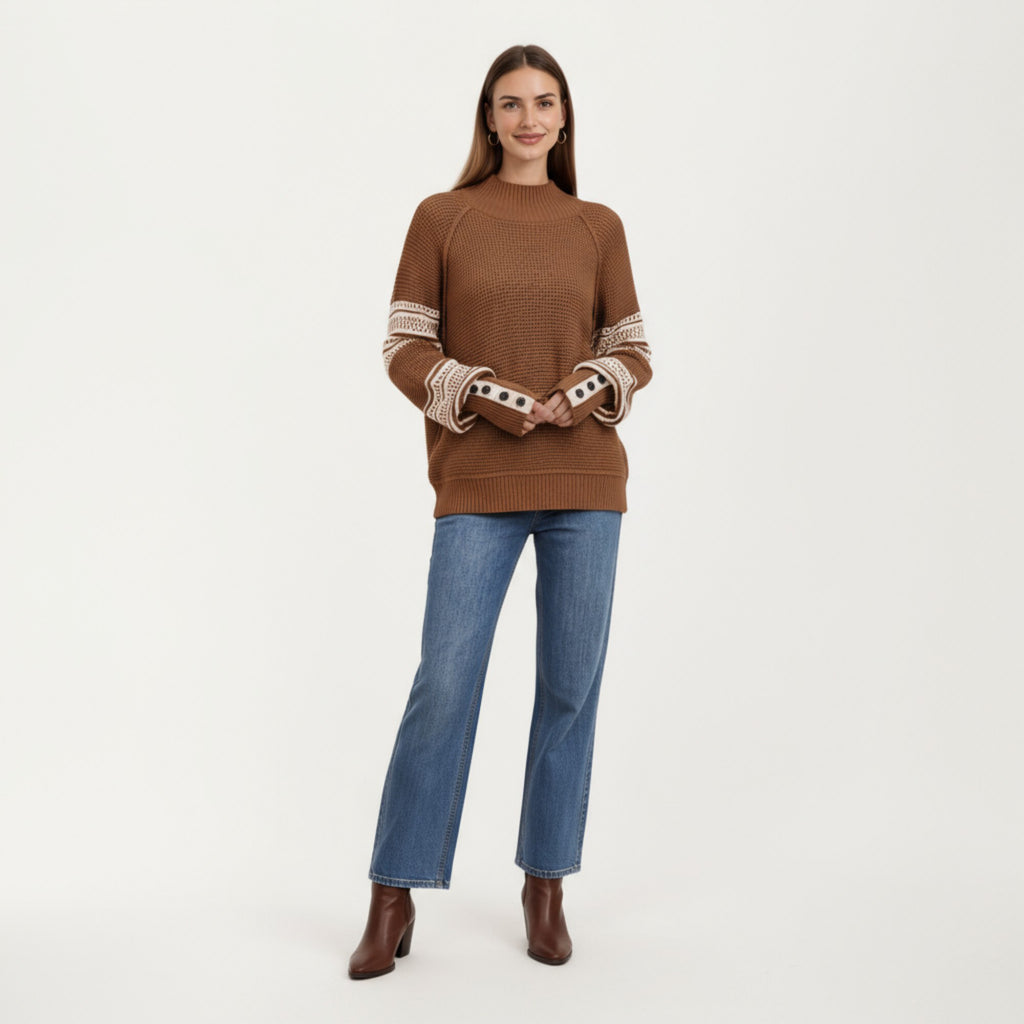Anna-Kaci Women¡¯s Patterned Knit Pullover Top with Textured Waffle Stitch Body, Contrast Ribbed Mock Neck, and Decorative Sleeve Detailing