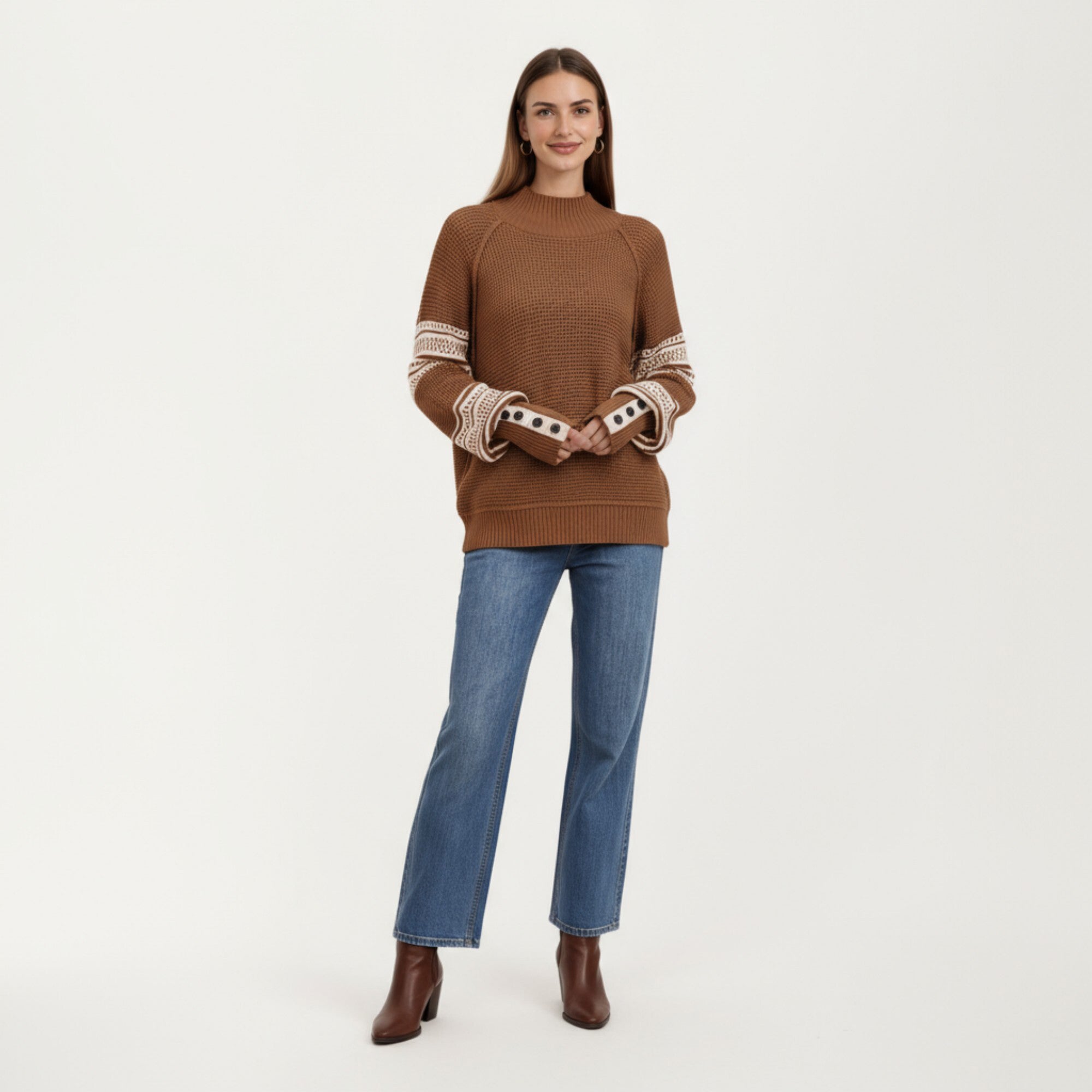 Anna-Kaci Women¡¯s Patterned Knit Pullover Top with Textured Waffle Stitch Body, Contrast Ribbed Mock Neck, and Decorative Sleeve Detailing