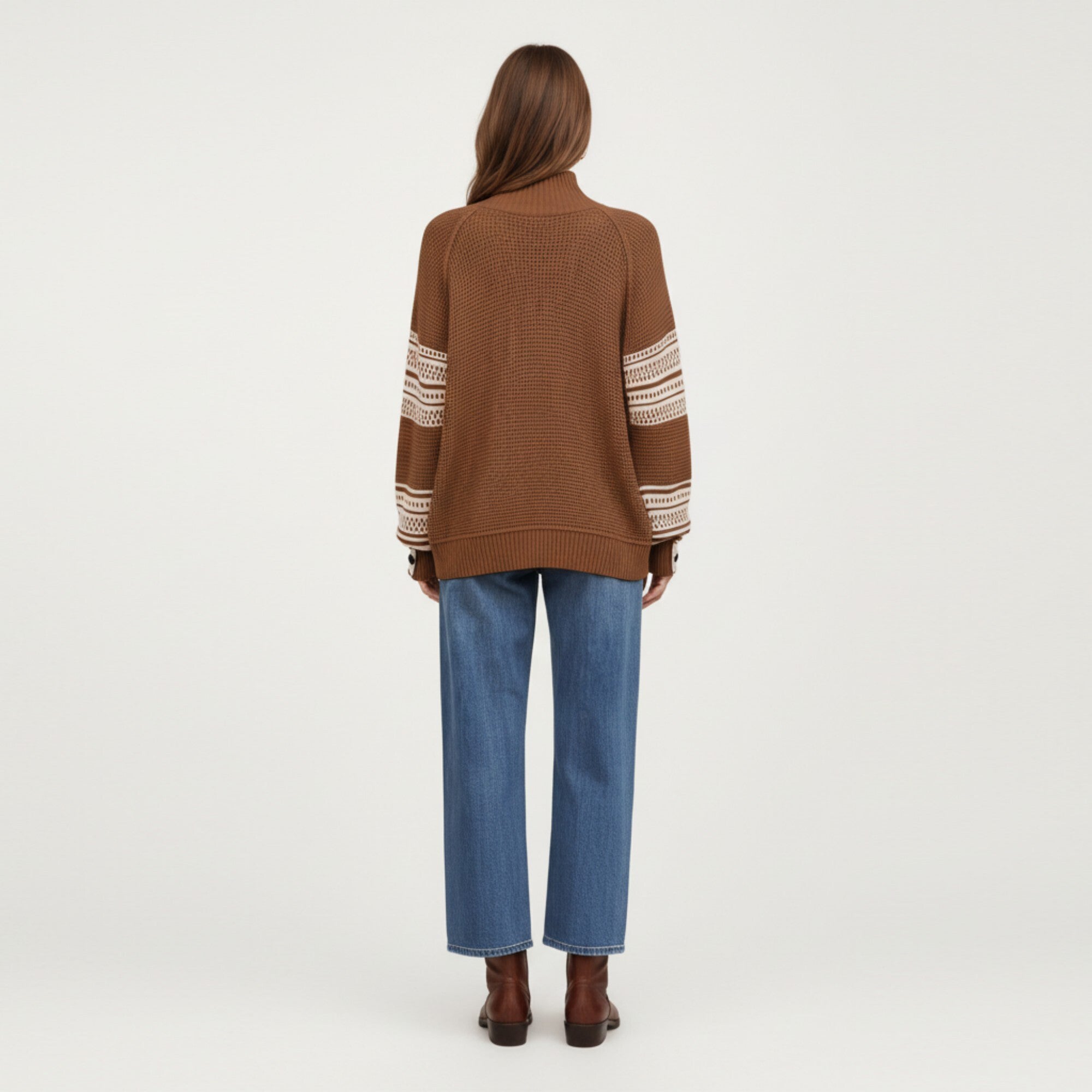 Anna-Kaci Women¡¯s Patterned Knit Pullover Top with Textured Waffle Stitch Body, Contrast Ribbed Mock Neck, and Decorative Sleeve Detailing