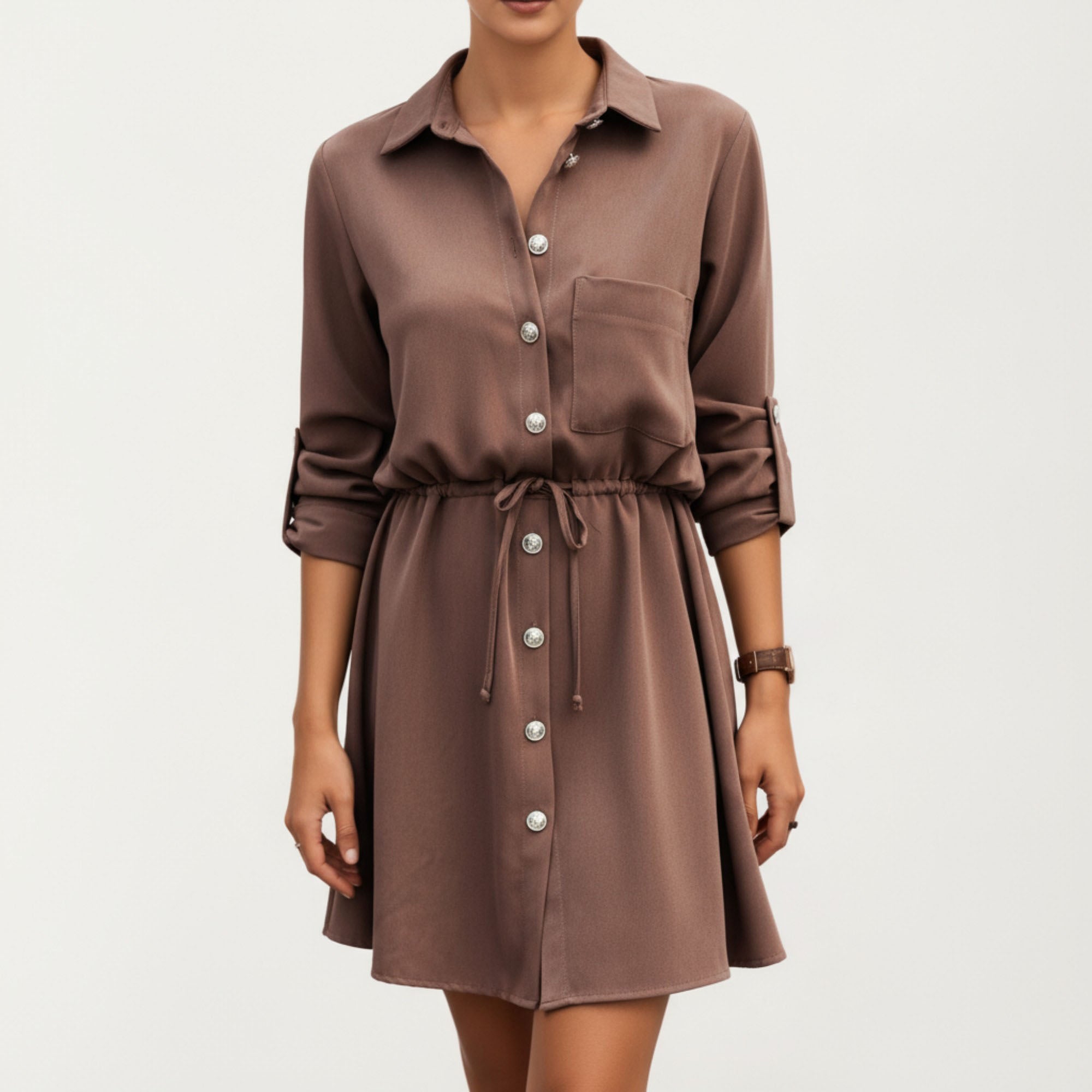 Anna-Kaci Women¡¯s Button Front Shirt Dress with Adjustable Sleeves Soft Drawstring Waist and Relaxed Flowing Silhouette