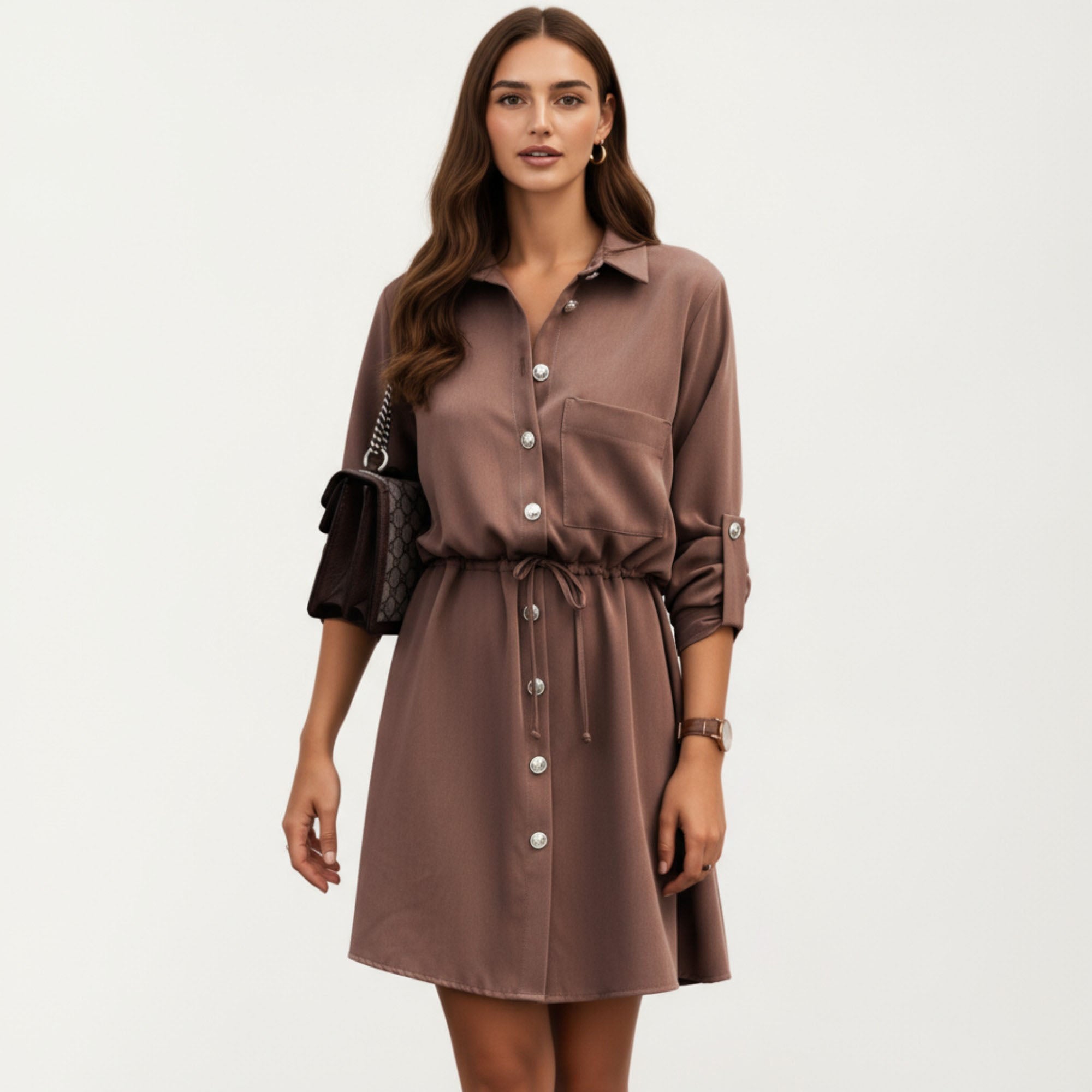 Anna-Kaci Women¡¯s Button Front Shirt Dress with Adjustable Sleeves Soft Drawstring Waist and Relaxed Flowing Silhouette