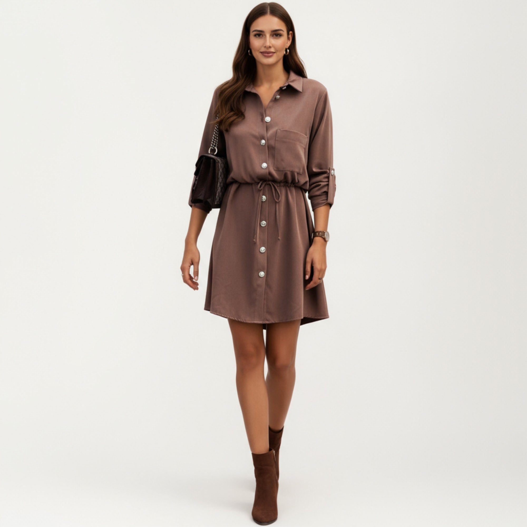 Anna-Kaci Women¡¯s Button Front Shirt Dress with Adjustable Sleeves Soft Drawstring Waist and Relaxed Flowing Silhouette