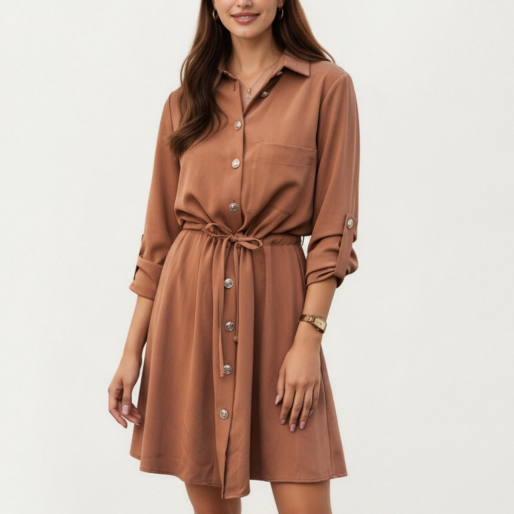 Anna-Kaci Women¡¯s Button Front Shirt Dress with Adjustable Sleeves Soft Drawstring Waist and Relaxed Flowing Silhouette