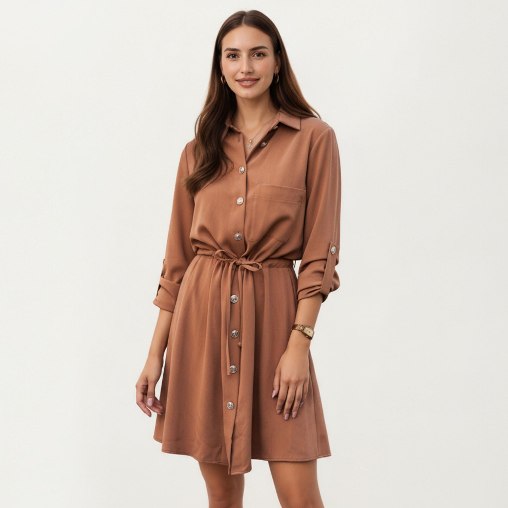 Anna-Kaci Women¡¯s Button Front Shirt Dress with Adjustable Sleeves Soft Drawstring Waist and Relaxed Flowing Silhouette