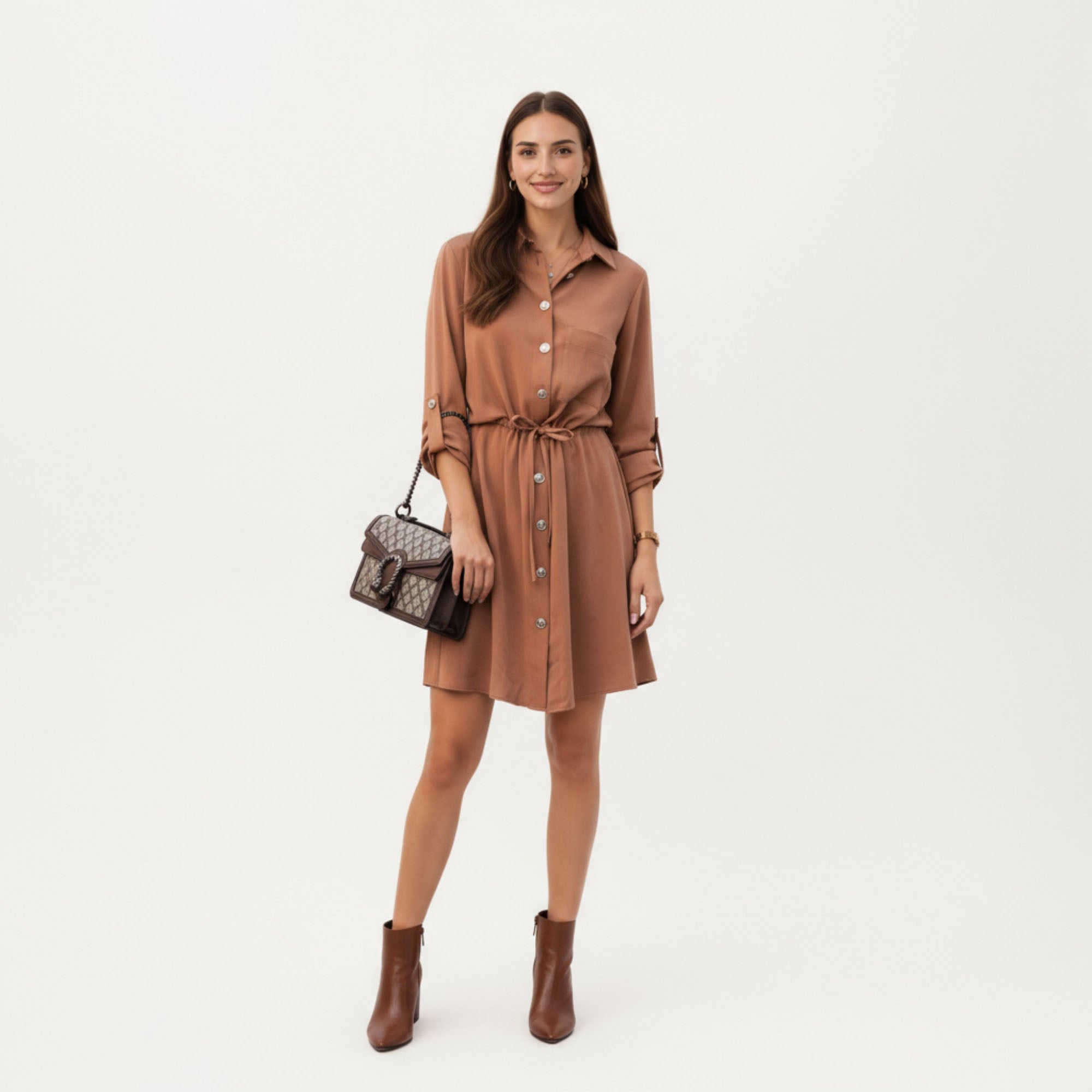 Anna-Kaci Women¡¯s Button Front Shirt Dress with Adjustable Sleeves Soft Drawstring Waist and Relaxed Flowing Silhouette