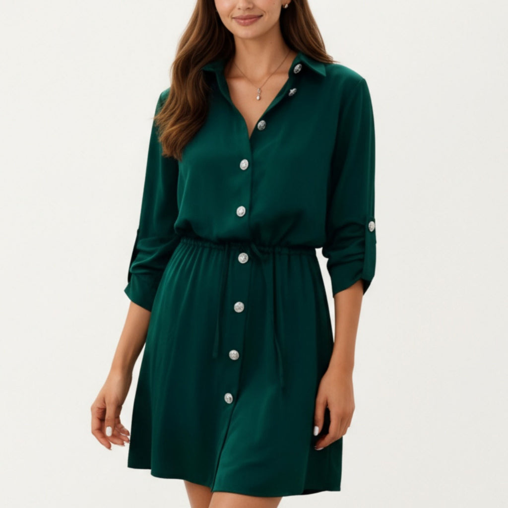 Anna-Kaci Women¡¯s Button Front Shirt Dress with Adjustable Sleeves Soft Drawstring Waist and Relaxed Flowing Silhouette
