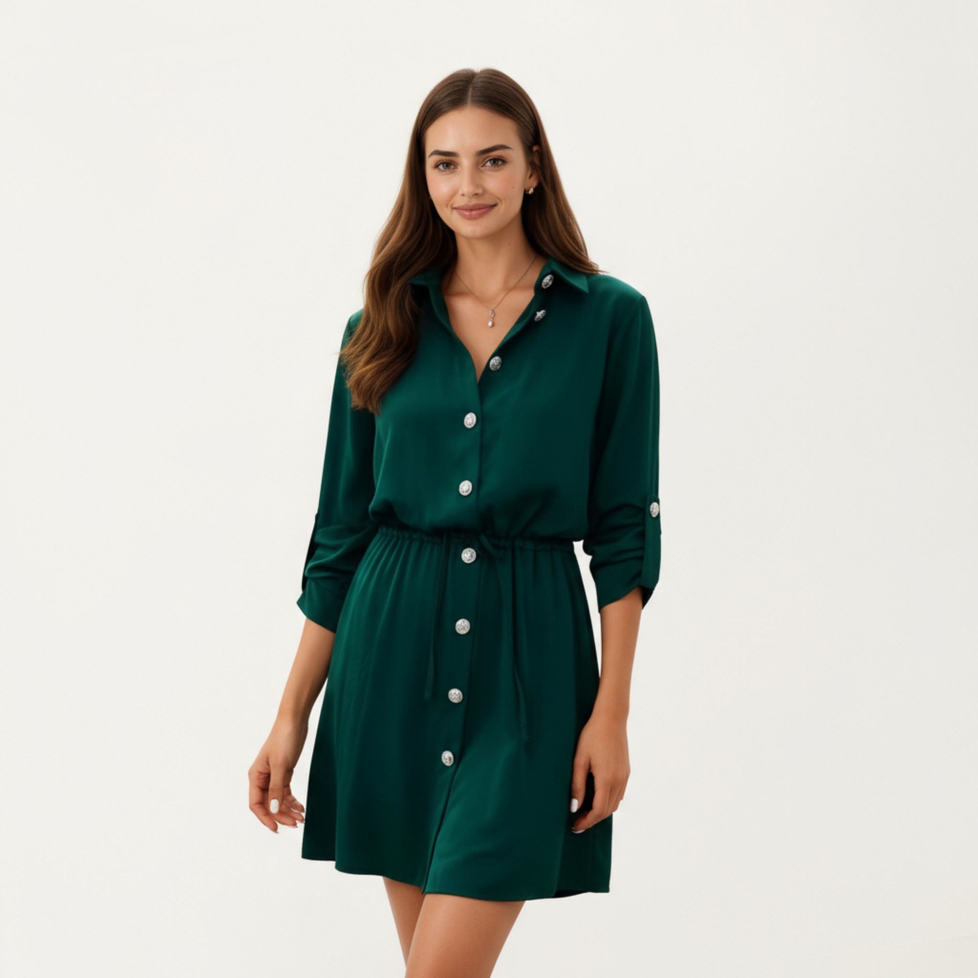 Anna-Kaci Women¡¯s Button Front Shirt Dress with Adjustable Sleeves Soft Drawstring Waist and Relaxed Flowing Silhouette