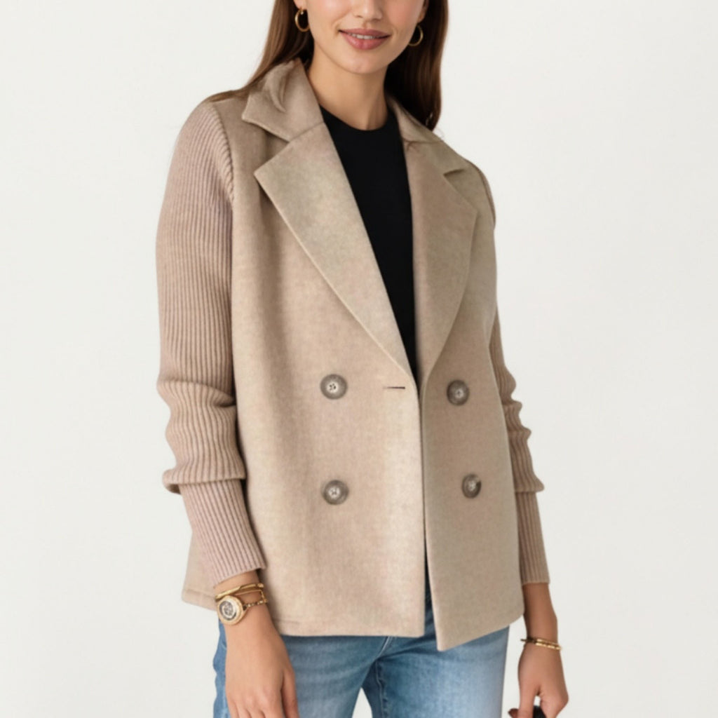 Anna-Kaci Women¡¯s Double Breasted Knit Sleeve Peacoat Jacket with Soft Structured Body Relaxed Wide Lapels and Textured Long Sleeves