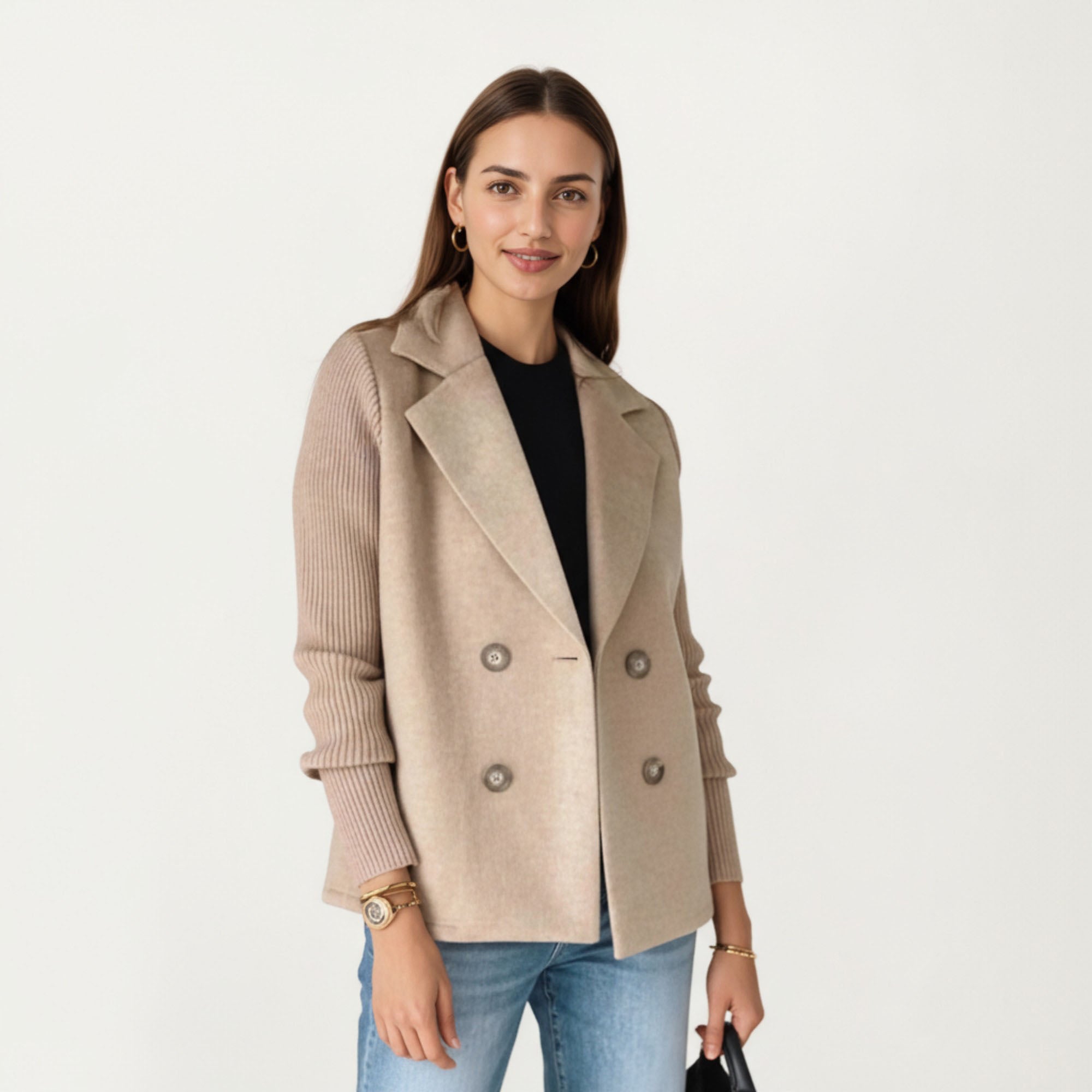 Anna-Kaci Women¡¯s Double Breasted Knit Sleeve Peacoat Jacket with Soft Structured Body Relaxed Wide Lapels and Textured Long Sleeves
