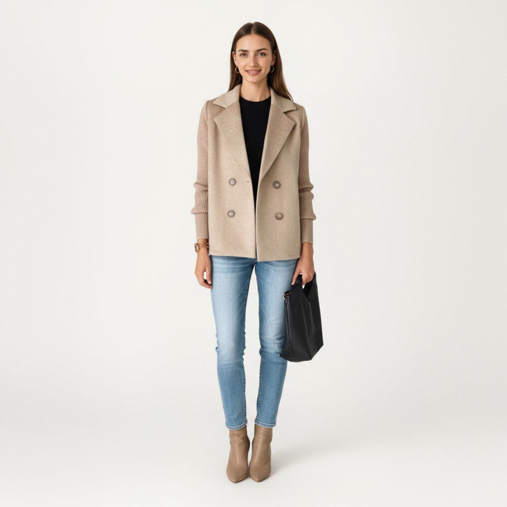 Anna-Kaci Women¡¯s Double Breasted Knit Sleeve Peacoat Jacket with Soft Structured Body Relaxed Wide Lapels and Textured Long Sleeves