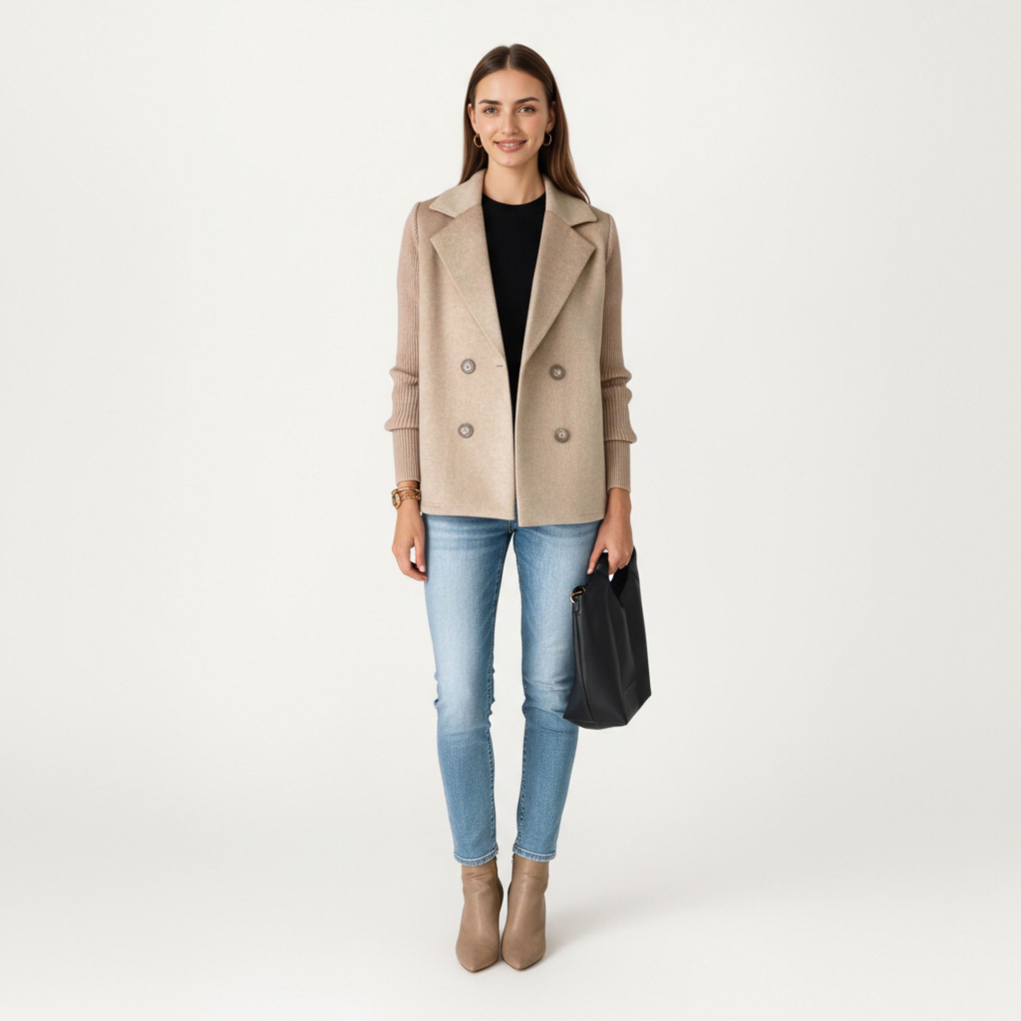 Anna-Kaci Women¡¯s Double Breasted Knit Sleeve Peacoat Jacket with Soft Structured Body Relaxed Wide Lapels and Textured Long Sleeves