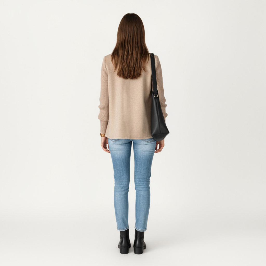 Anna-Kaci Women¡¯s Double Breasted Knit Sleeve Peacoat Jacket with Soft Structured Body Relaxed Wide Lapels and Textured Long Sleeves