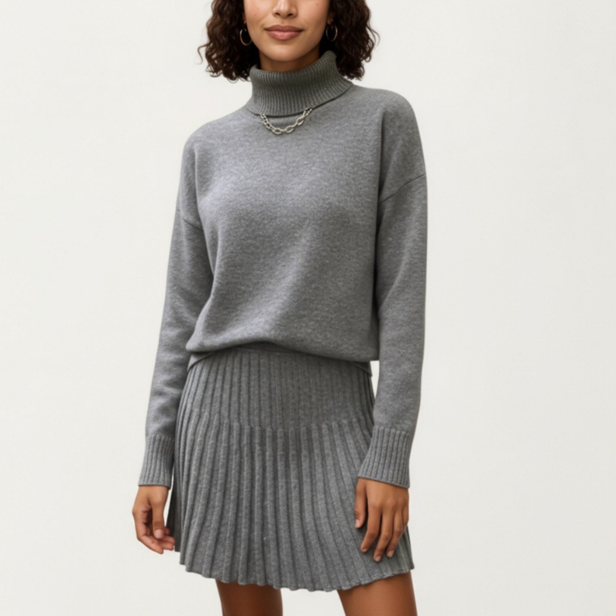 Anna-Kaci Women¡¯s Knit Turtleneck Sweater and Pleated Skirt Set with Ribbed Texture High Neck Top and Stretch Waist Flared Hem Skirt