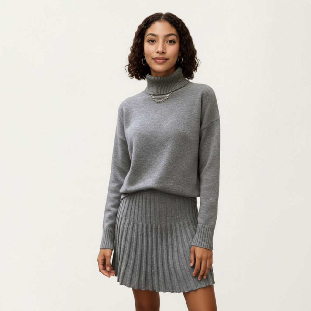 Anna-Kaci Women¡¯s Knit Turtleneck Sweater and Pleated Skirt Set with Ribbed Texture High Neck Top and Stretch Waist Flared Hem Skirt