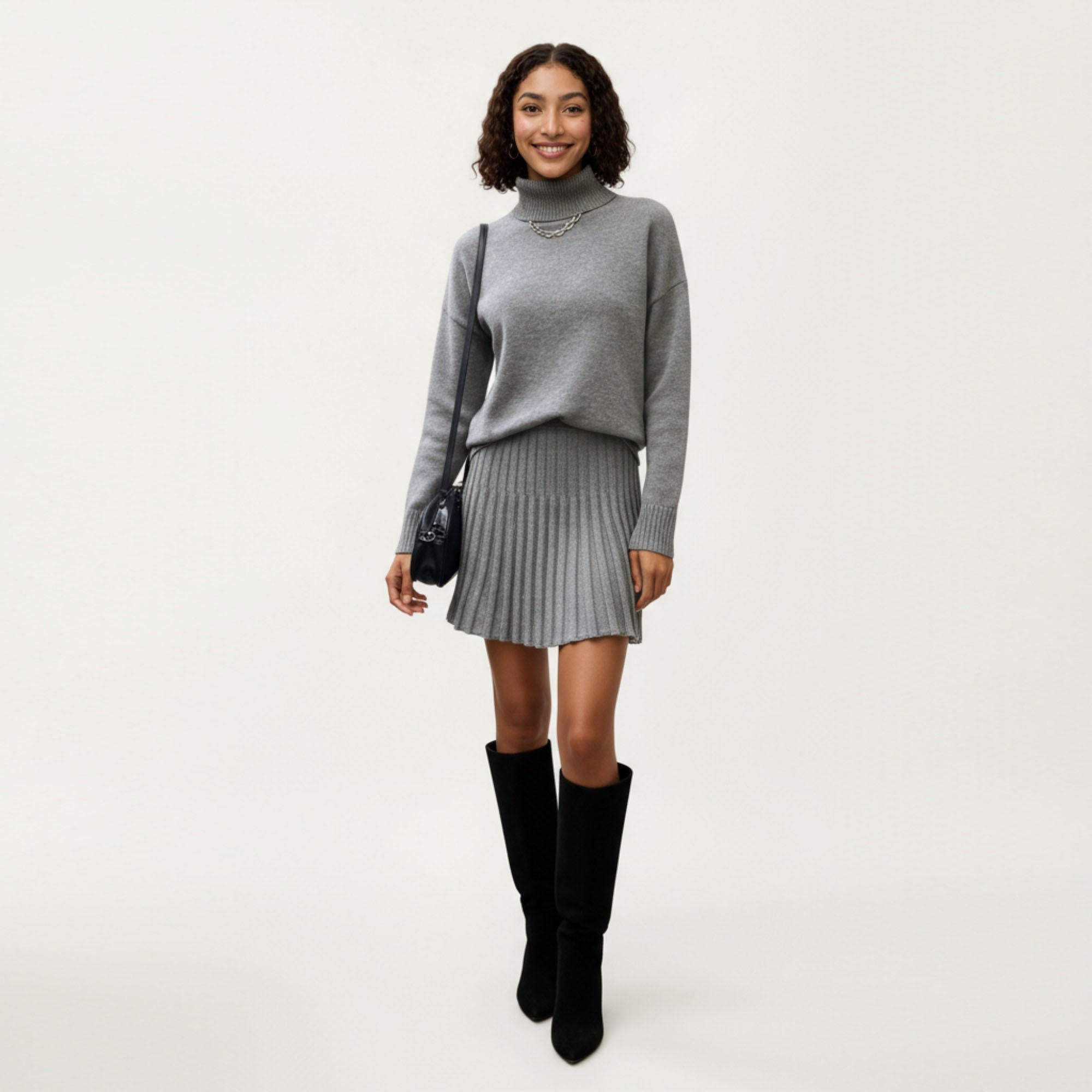 Anna-Kaci Women¡¯s Knit Turtleneck Sweater and Pleated Skirt Set with Ribbed Texture High Neck Top and Stretch Waist Flared Hem Skirt