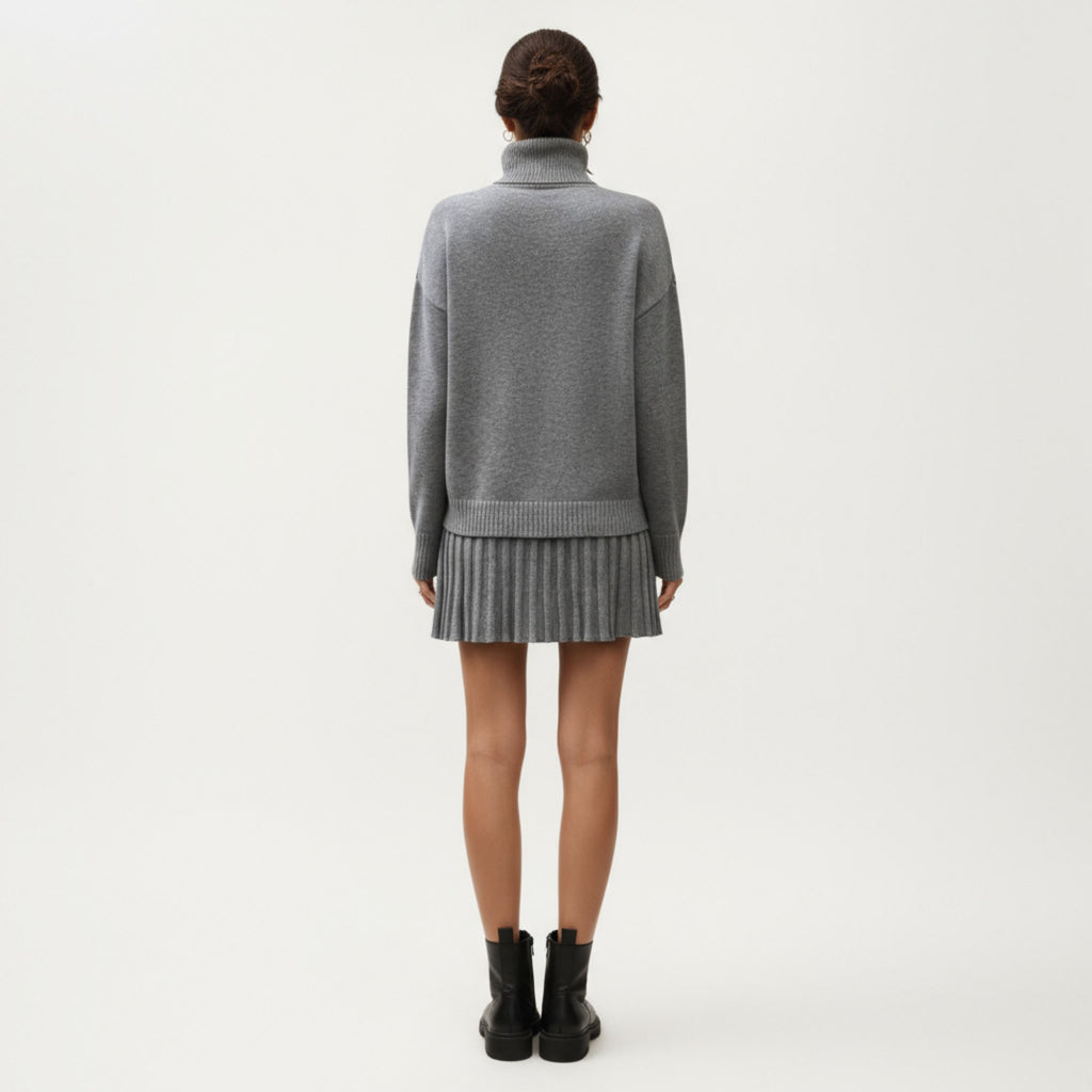Anna-Kaci Women¡¯s Knit Turtleneck Sweater and Pleated Skirt Set with Ribbed Texture High Neck Top and Stretch Waist Flared Hem Skirt